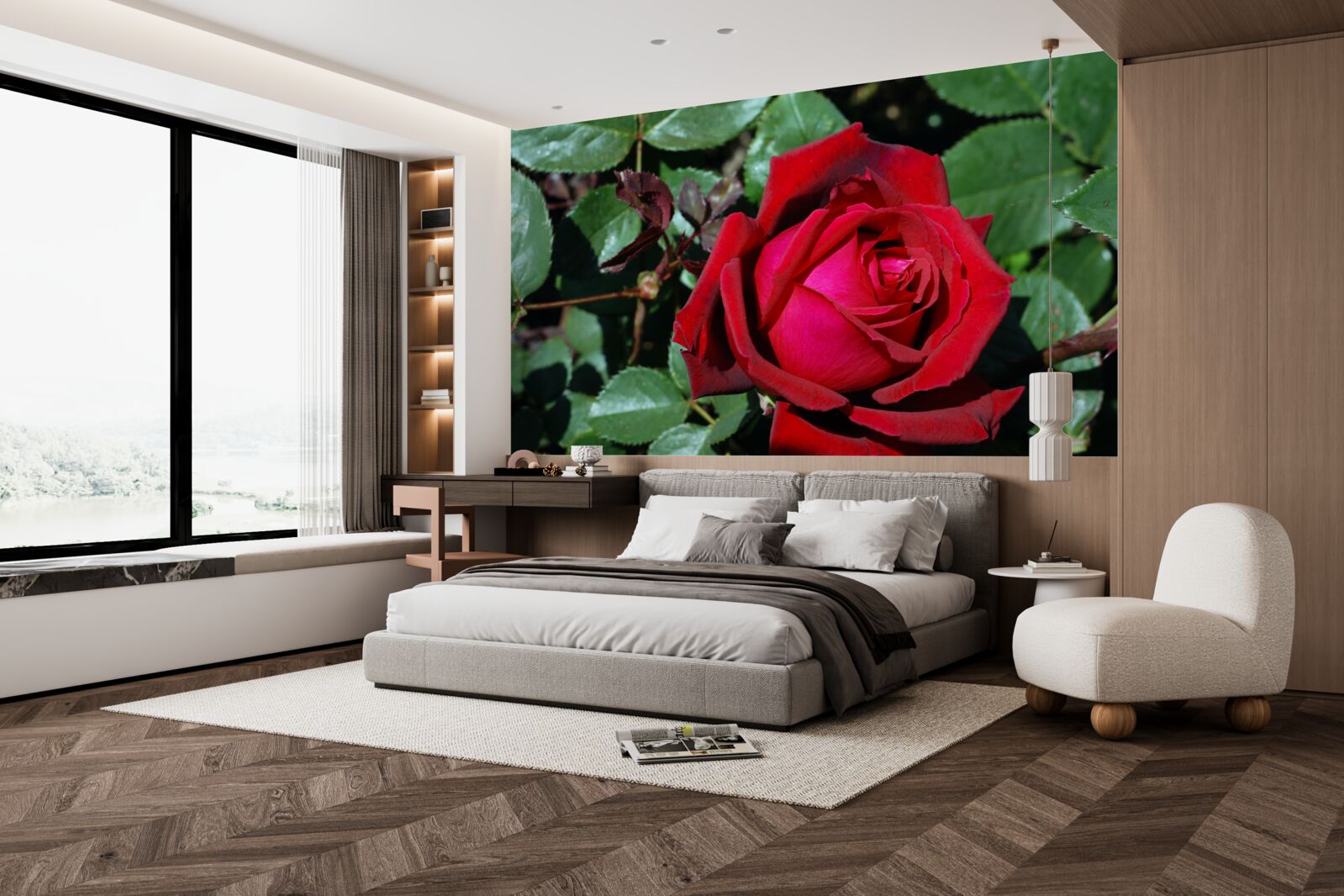 Фотошпалери в саду зацвіла червона троянда