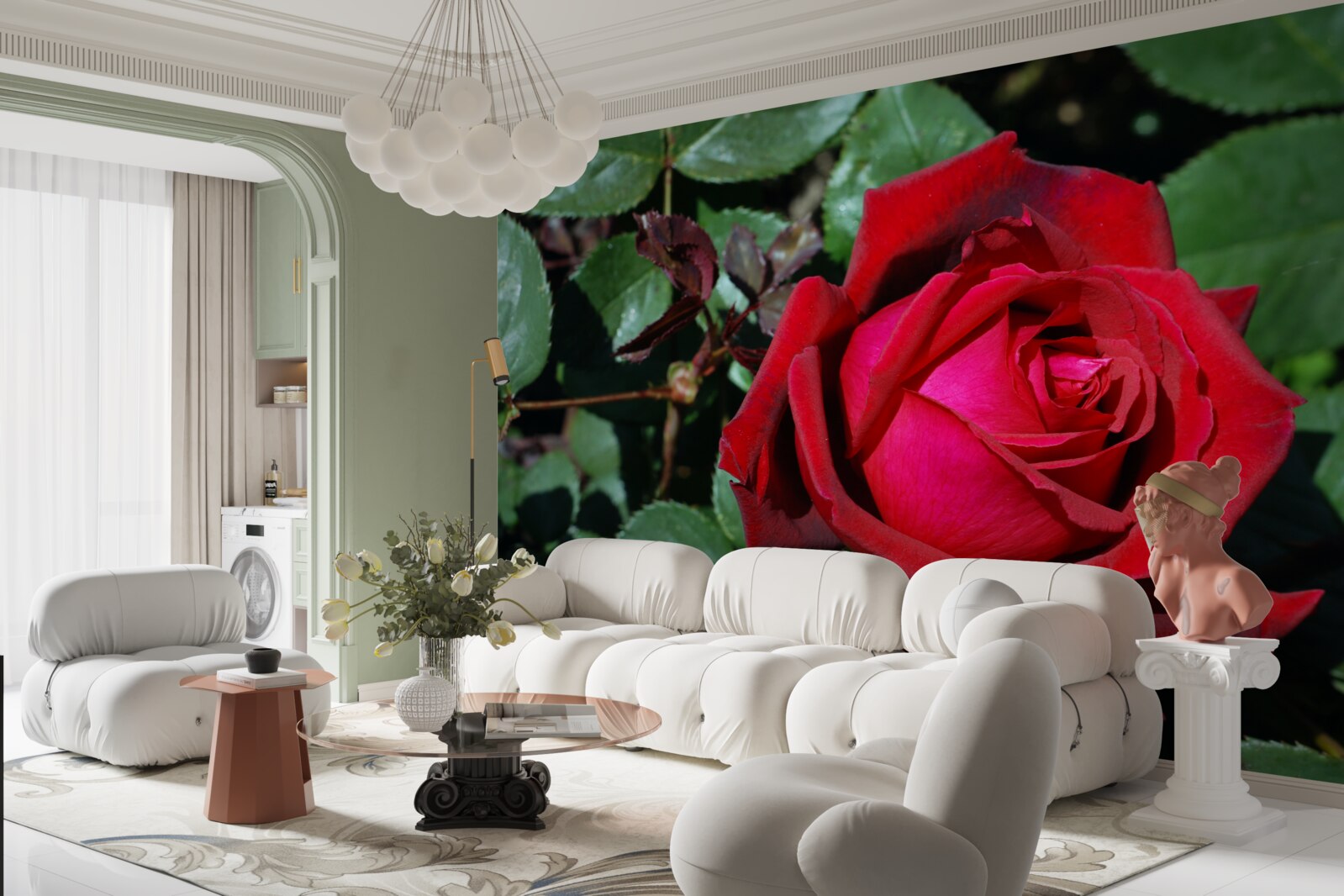 Фотошпалери в саду зацвіла червона троянда