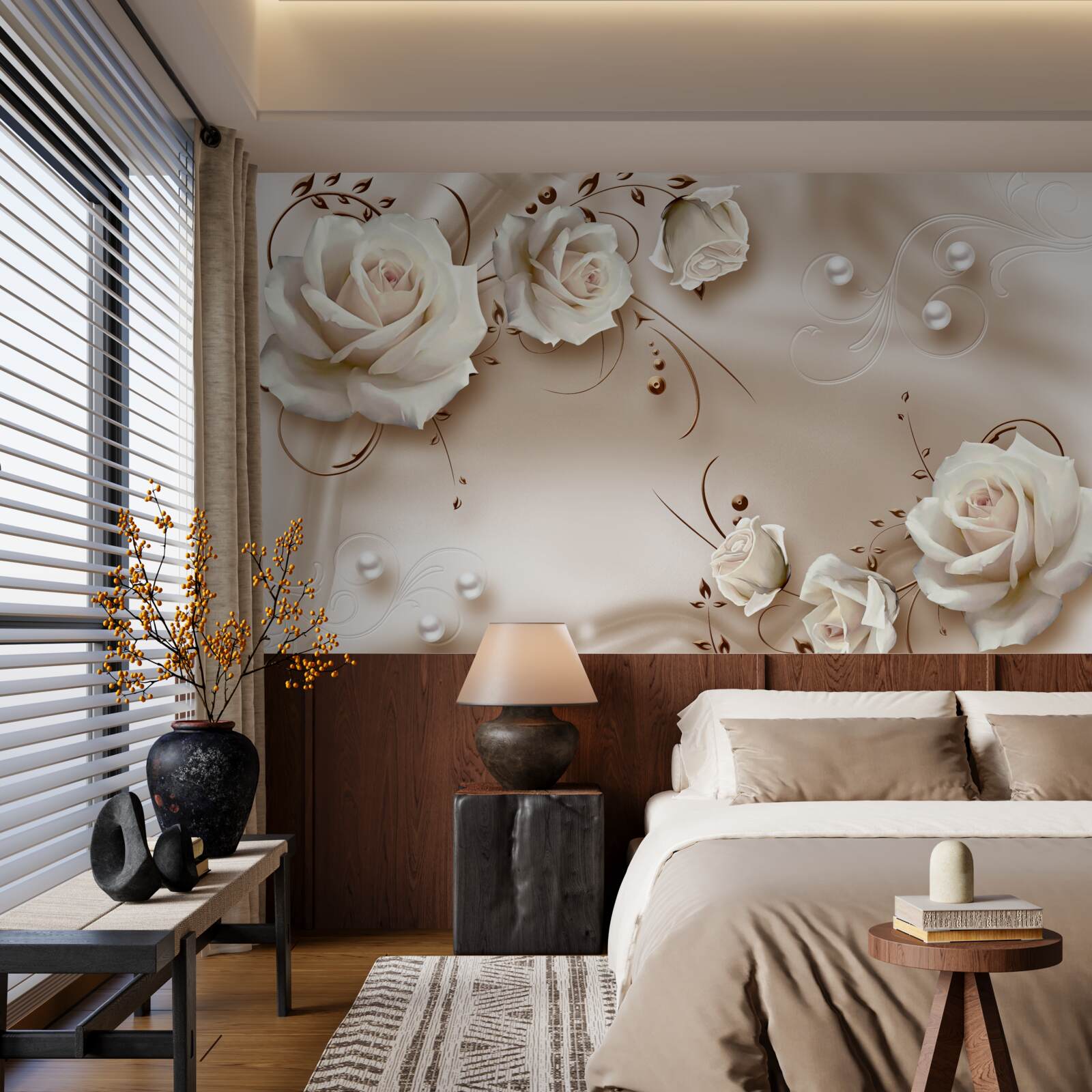 Фотошпалери намистини та білі троянди