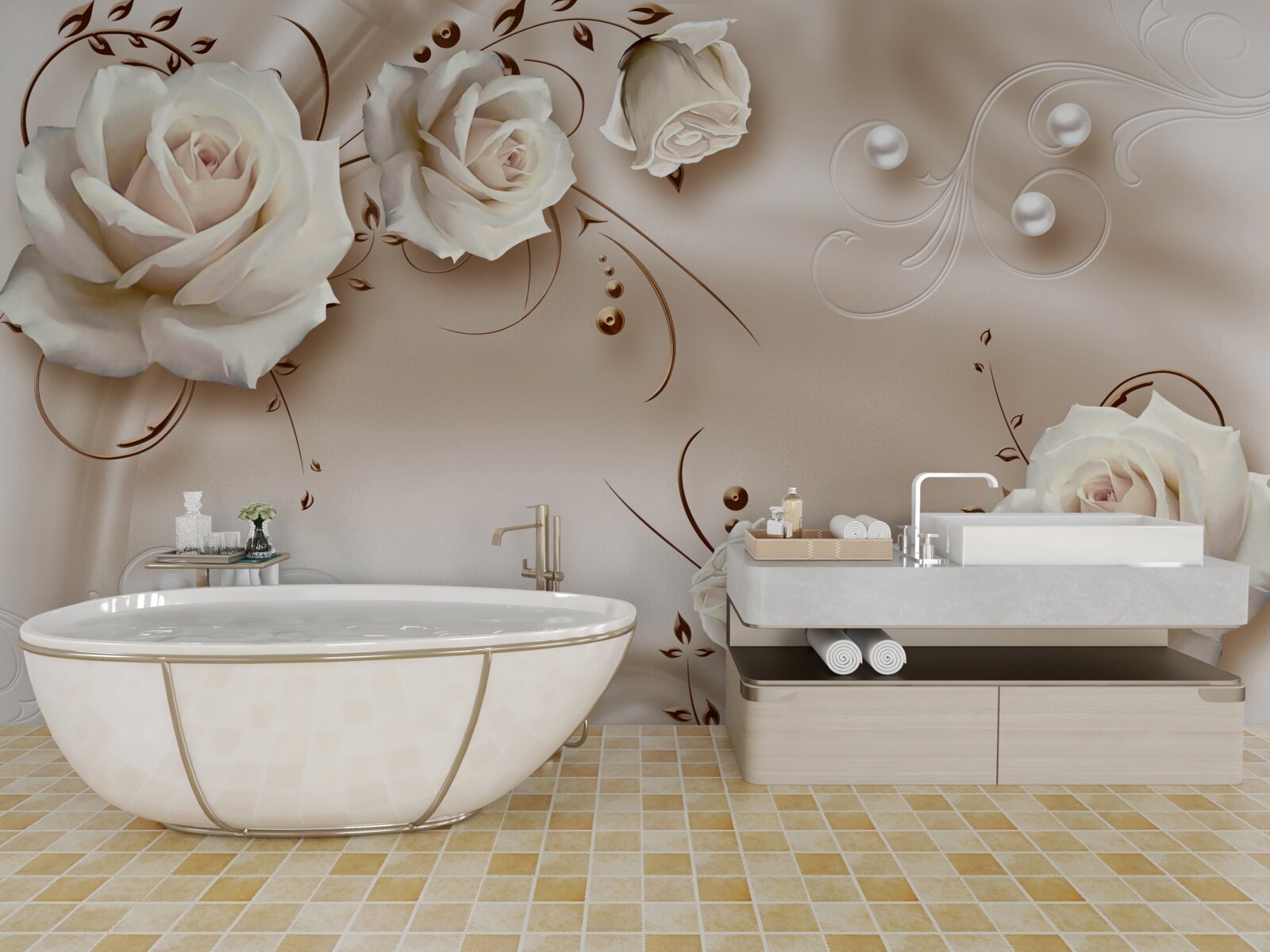 Фотошпалери намистини та білі троянди