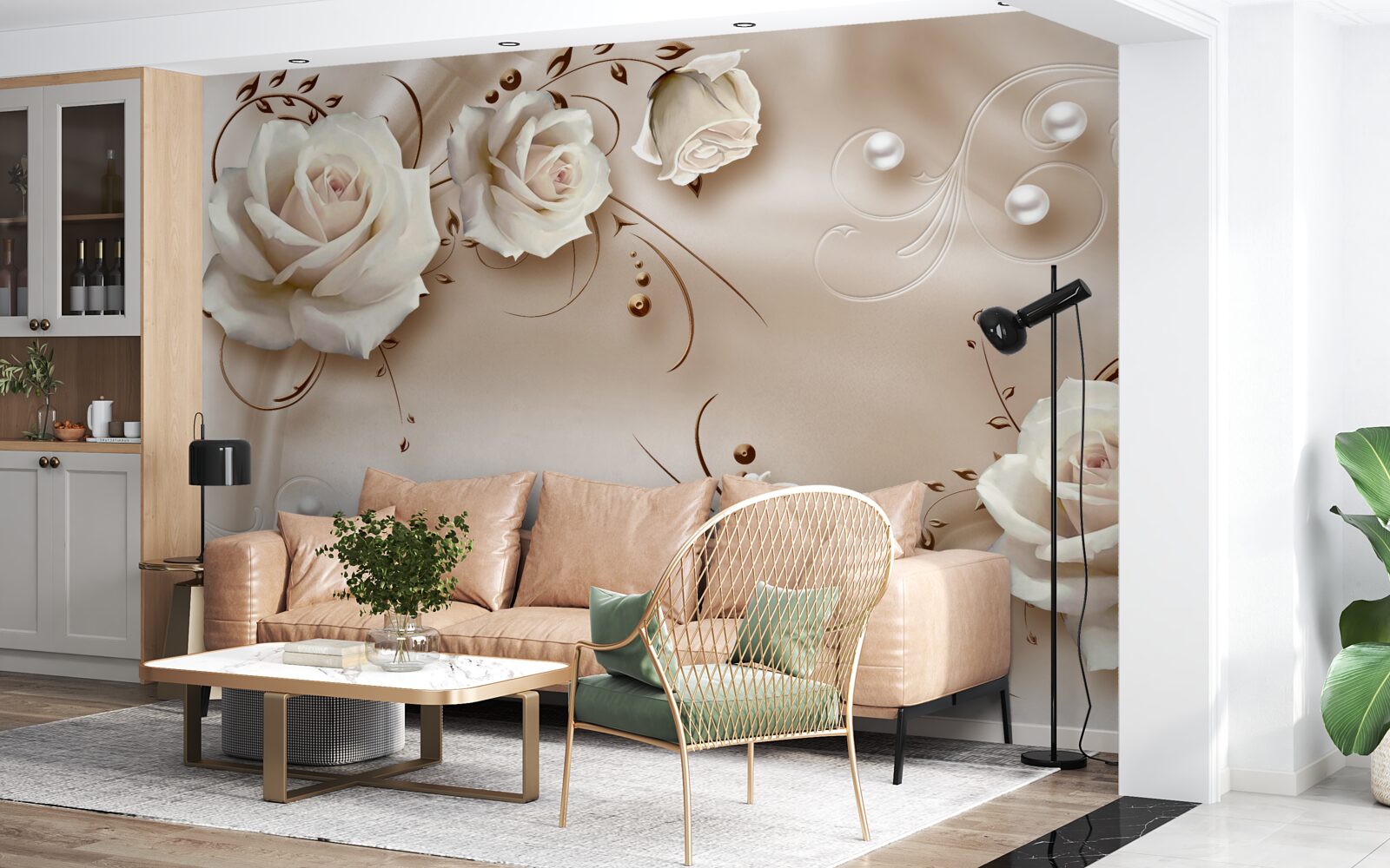 Фотошпалери намистини та білі троянди