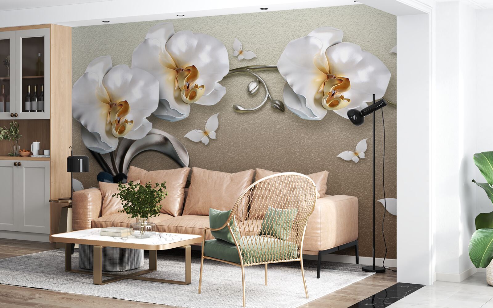 Фотошпалери каміння, білосніжні квіти та метелики