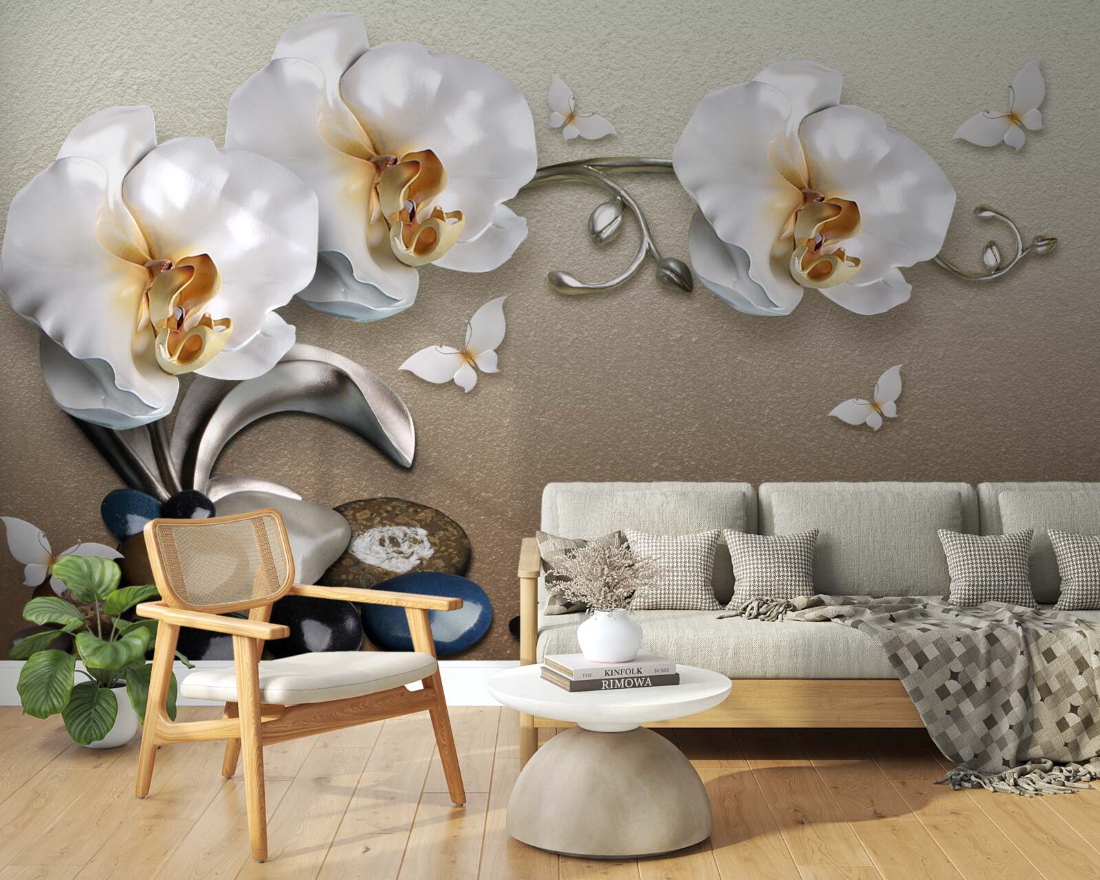 Фотошпалери каміння, білосніжні квіти та метелики