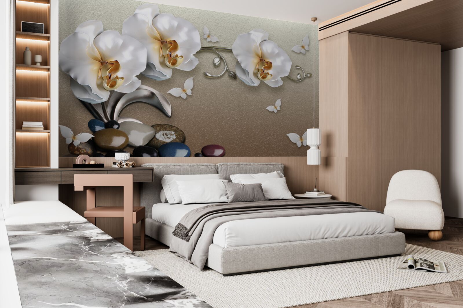 Фотошпалери каміння, білосніжні квіти та метелики