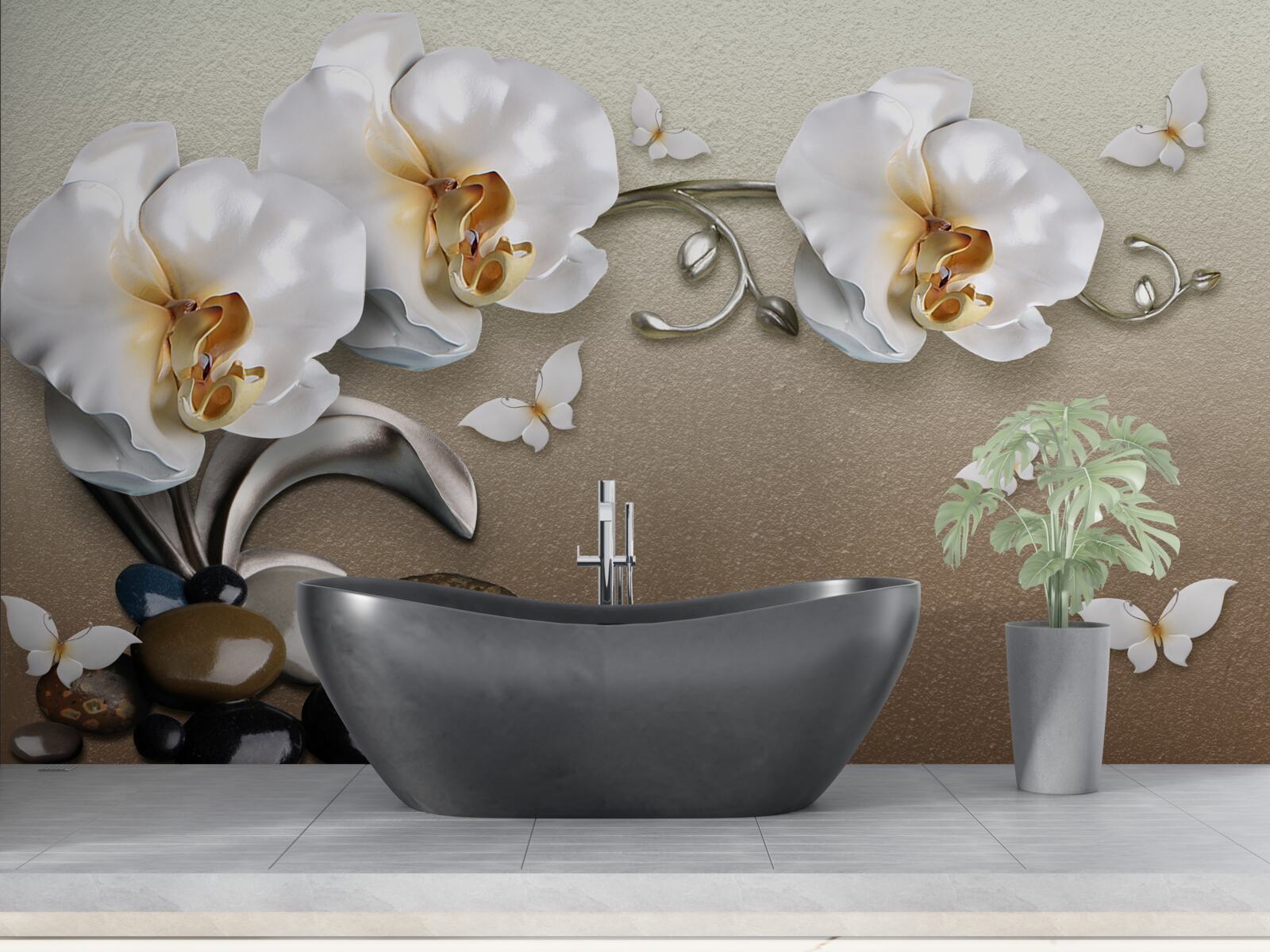 Фотошпалери каміння, білосніжні квіти та метелики