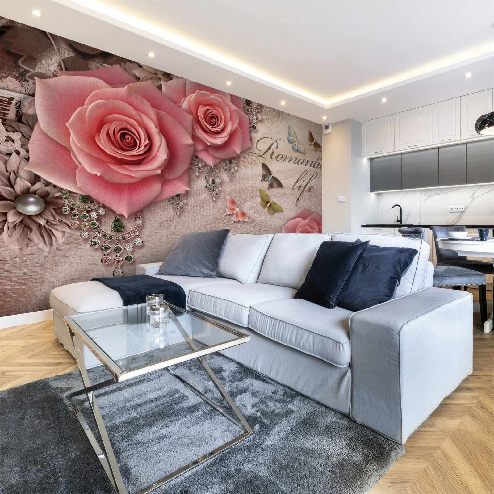 Фотошпалери мініатюрні літаючі комахи та великі яскраво-рожеві квіти