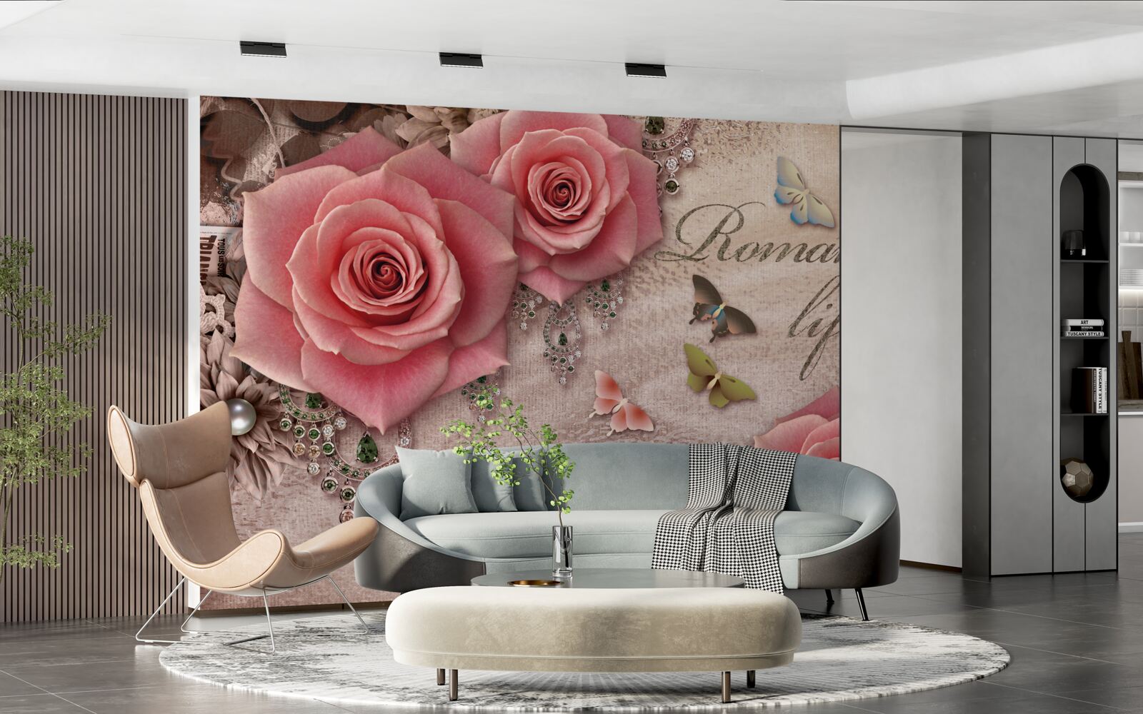 Фотошпалери мініатюрні літаючі комахи та великі яскраво-рожеві квіти