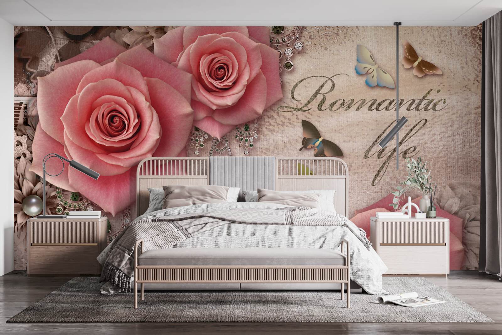 Фотошпалери мініатюрні літаючі комахи та великі яскраво-рожеві квіти