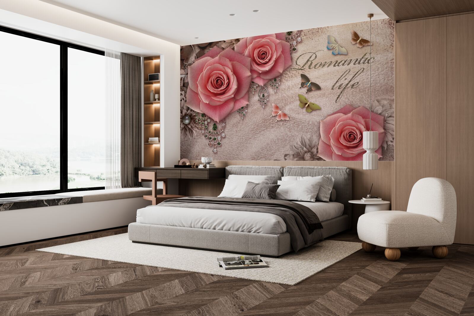 Фотошпалери мініатюрні літаючі комахи та великі яскраво-рожеві квіти