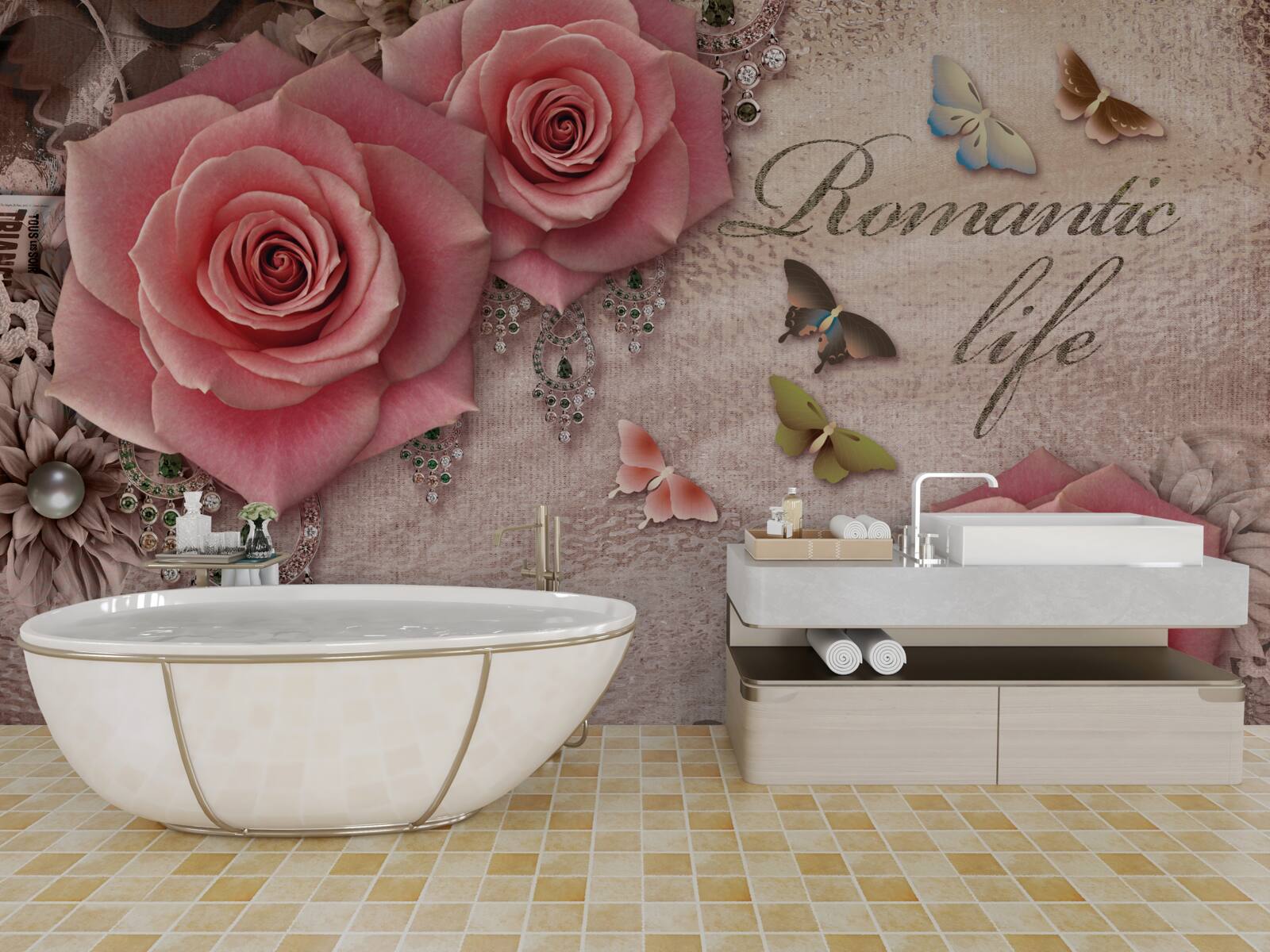 Фотошпалери мініатюрні літаючі комахи та великі яскраво-рожеві квіти