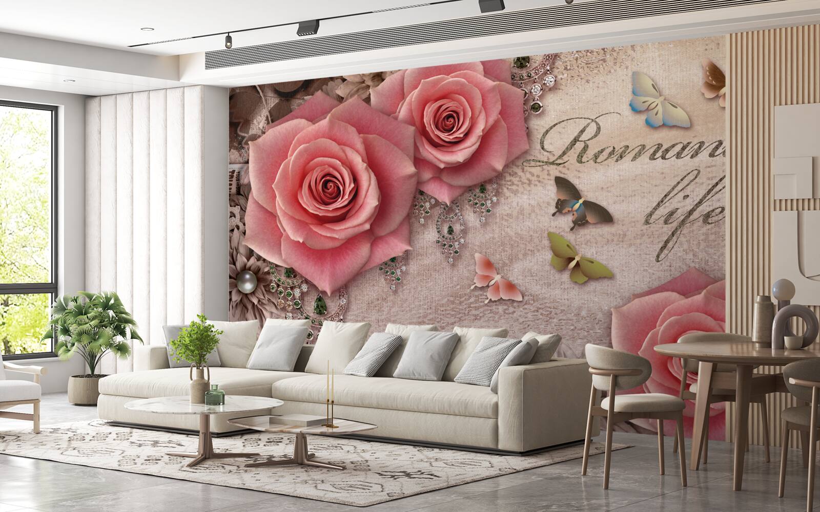 Фотошпалери мініатюрні літаючі комахи та великі яскраво-рожеві квіти