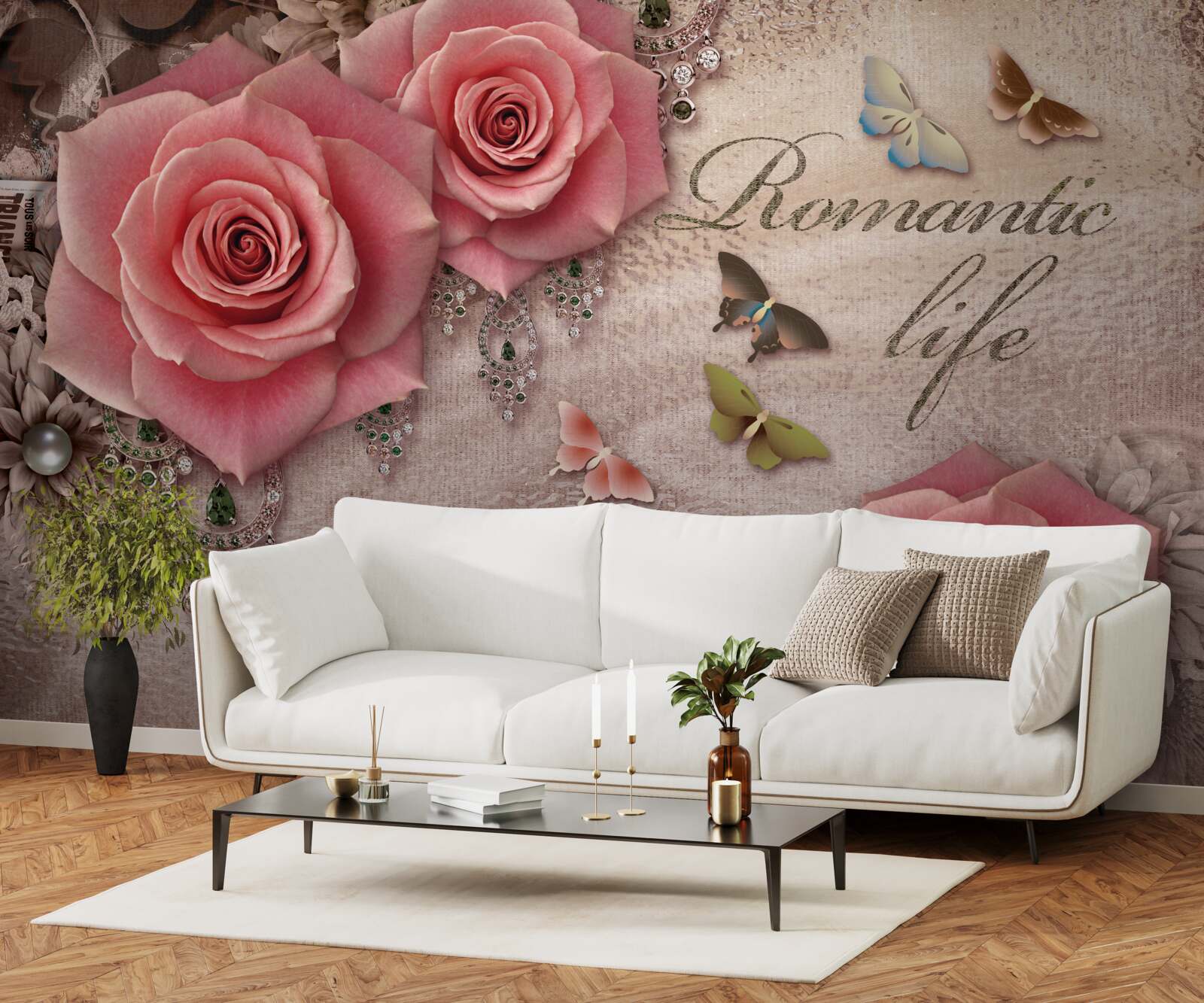 Фотошпалери мініатюрні літаючі комахи та великі яскраво-рожеві квіти