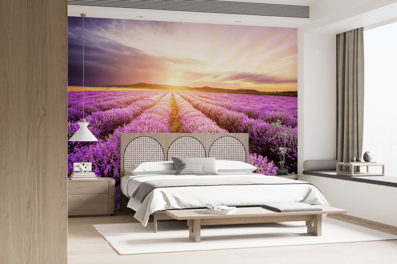 Фотошпалери захід сонця над полем лаванди