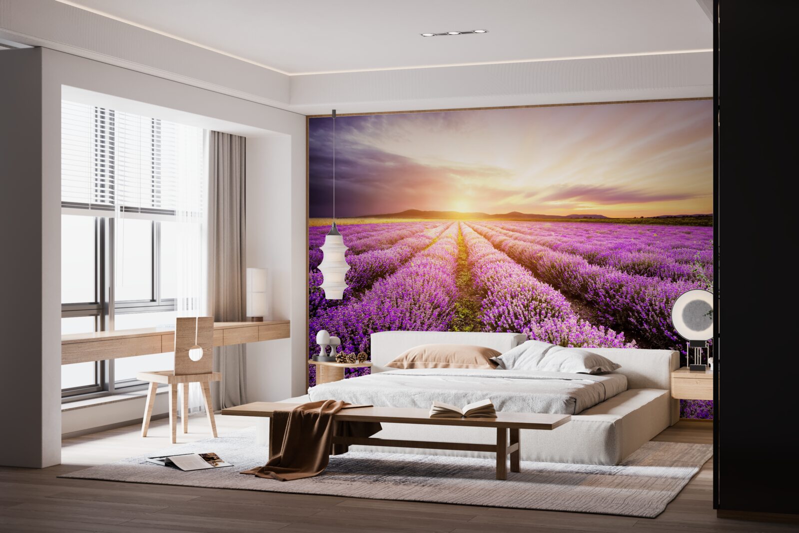 Фотошпалери захід сонця над полем лаванди