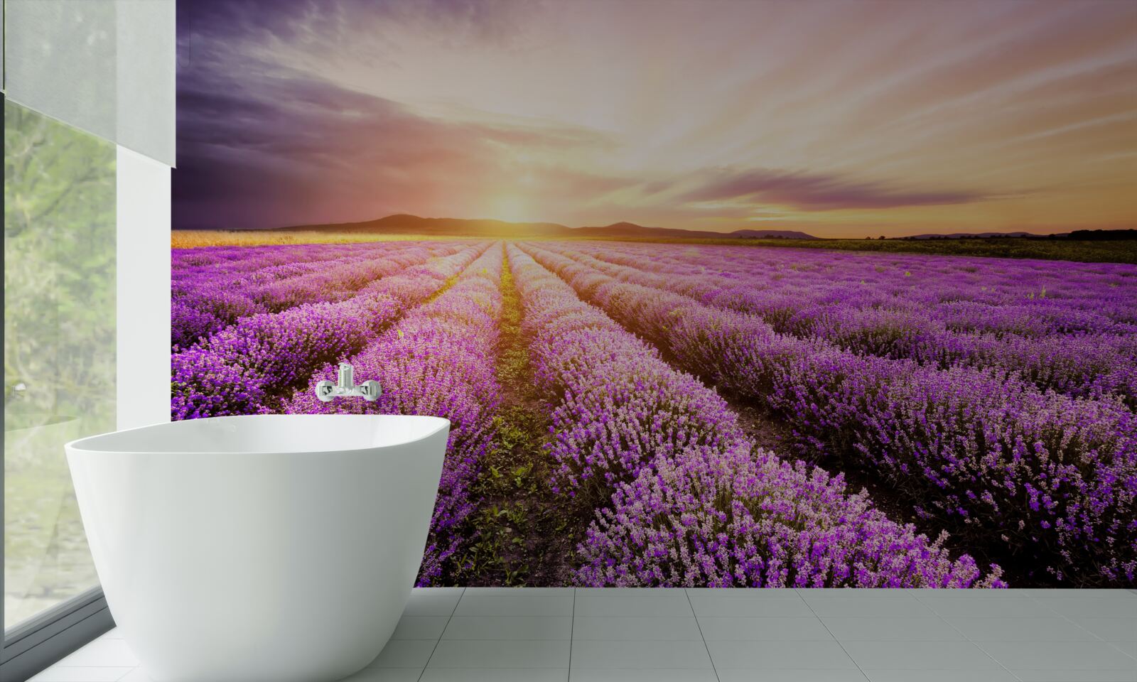 Фотошпалери захід сонця над полем лаванди
