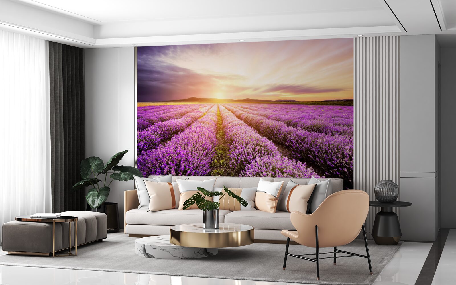 Фотошпалери захід сонця над полем лаванди