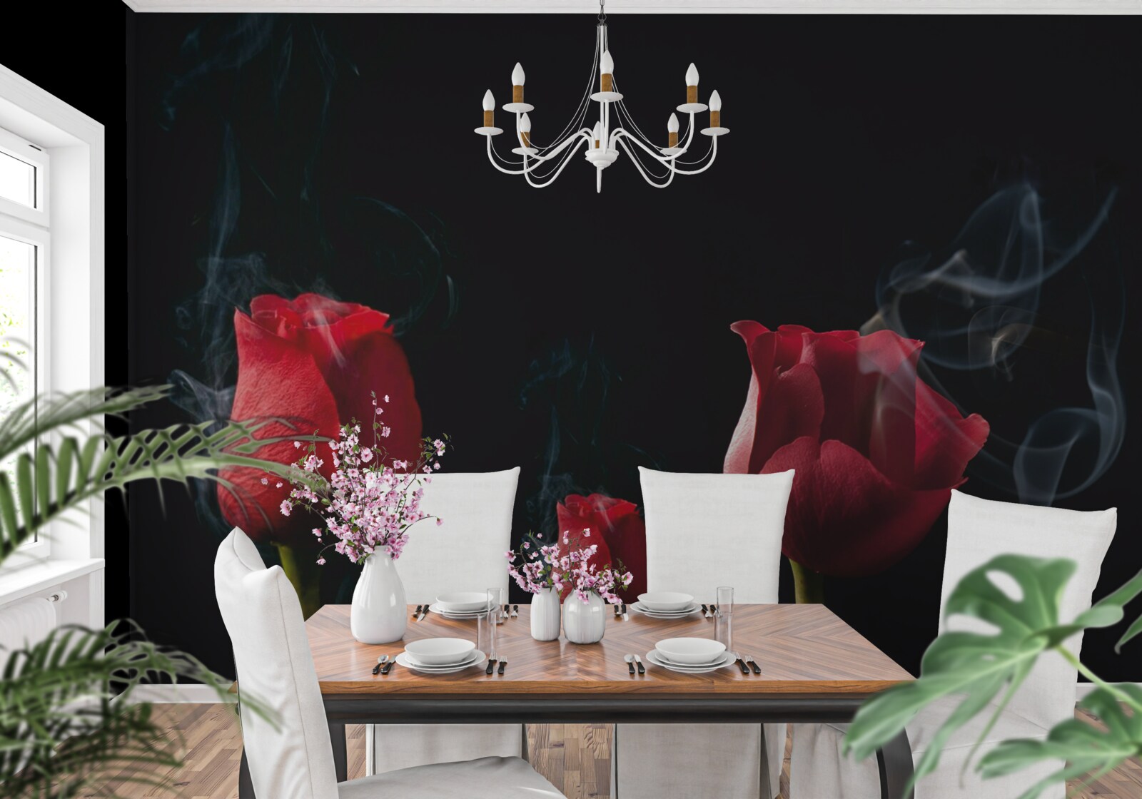 Фотошпалери червона троянда розквітає в диму