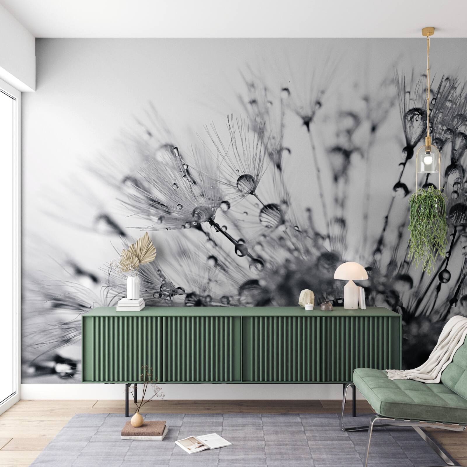 Фотошпалери краплі роси на кульбабах