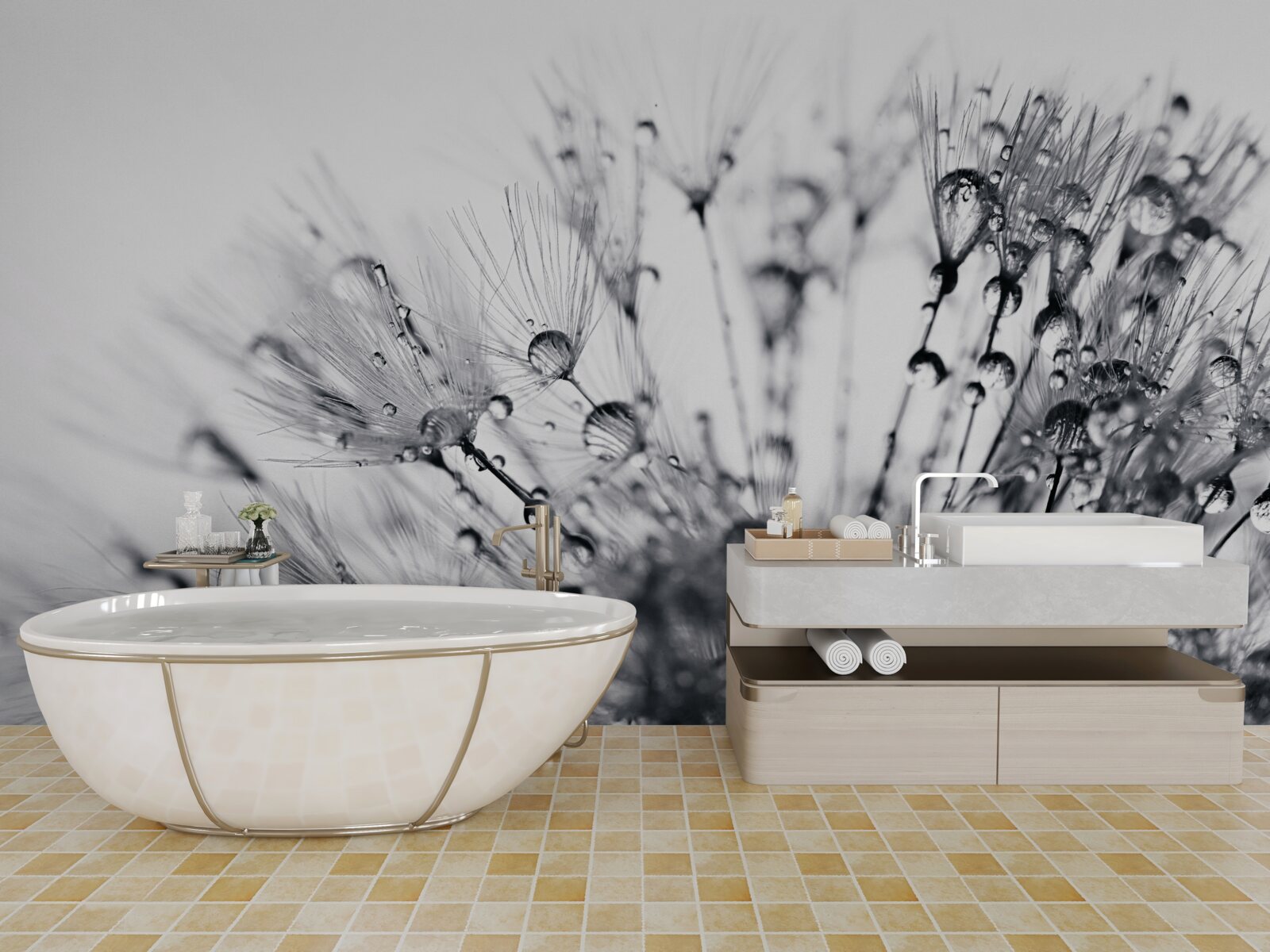 Фотошпалери краплі роси на кульбабах