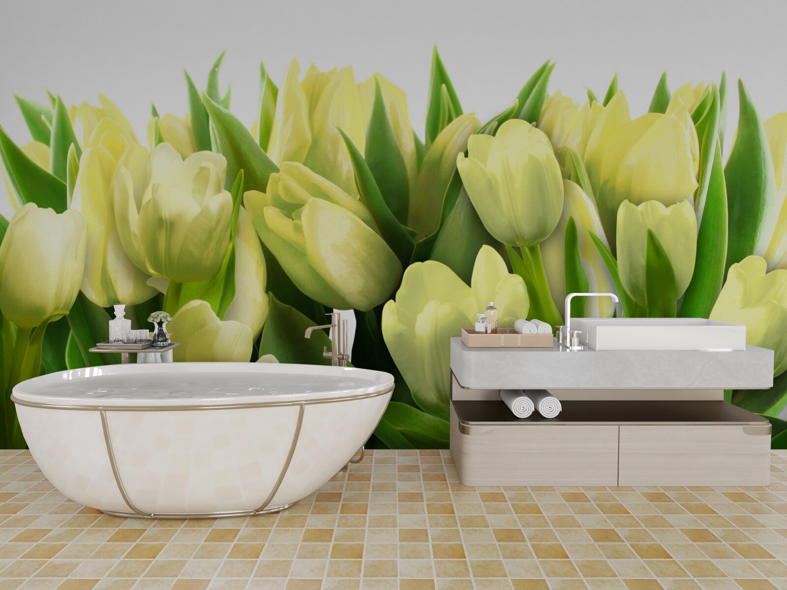 Фотошпалери Жовті тюльпани з зеленим листям