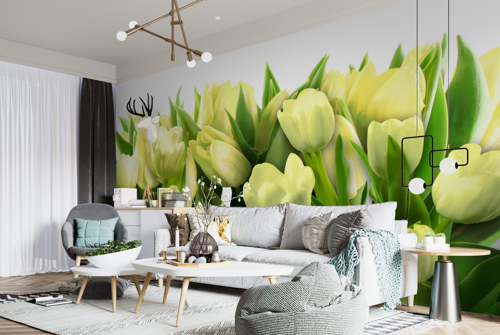 Фотошпалери Жовті тюльпани з зеленим листям