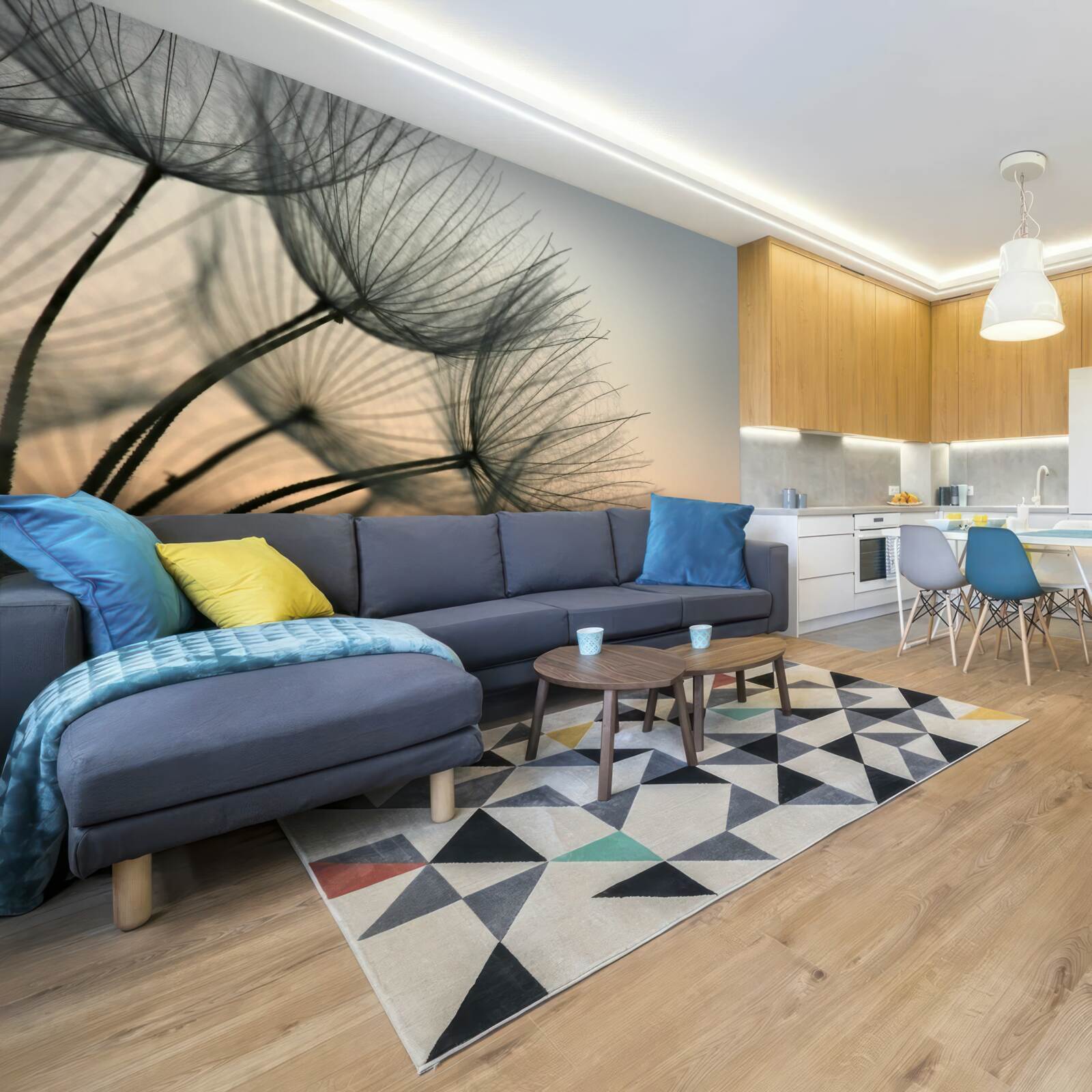 Фотошпалери захід сонця над кульбабами