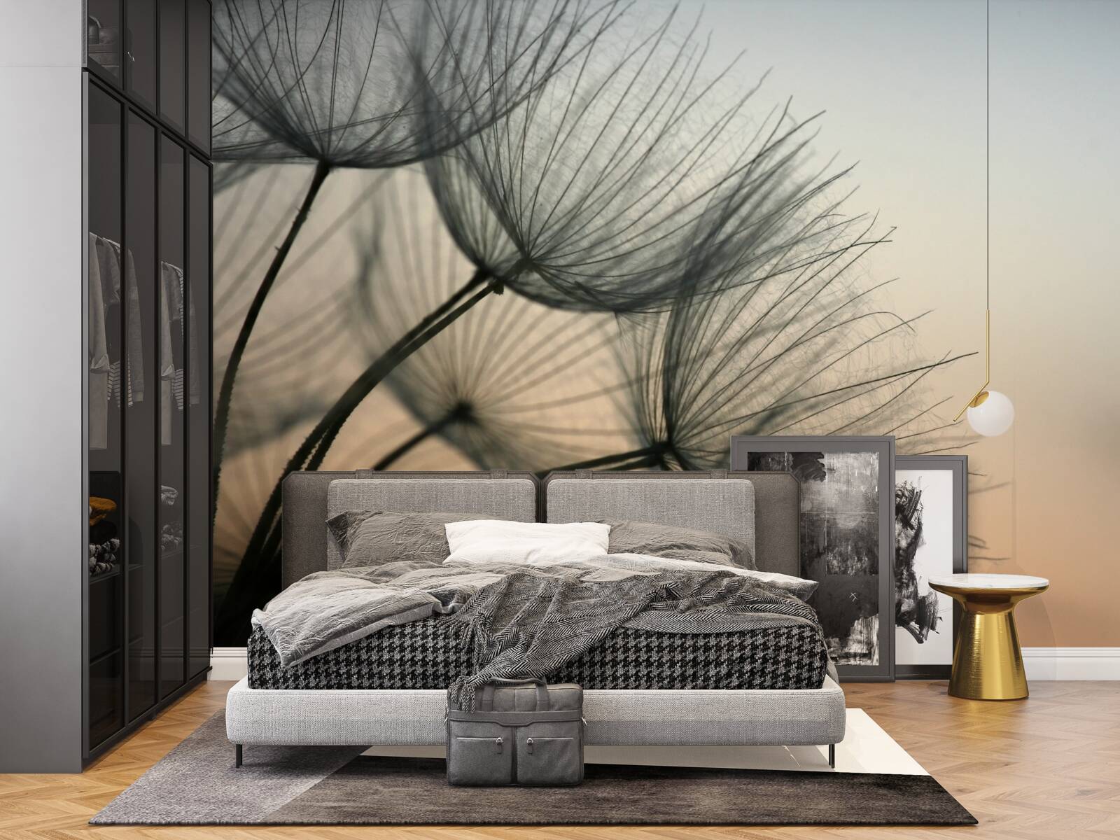 Фотошпалери захід сонця над кульбабами