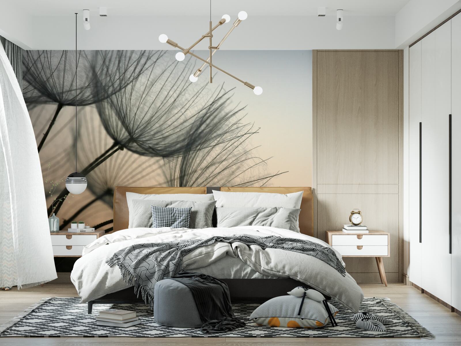 Фотошпалери захід сонця над кульбабами