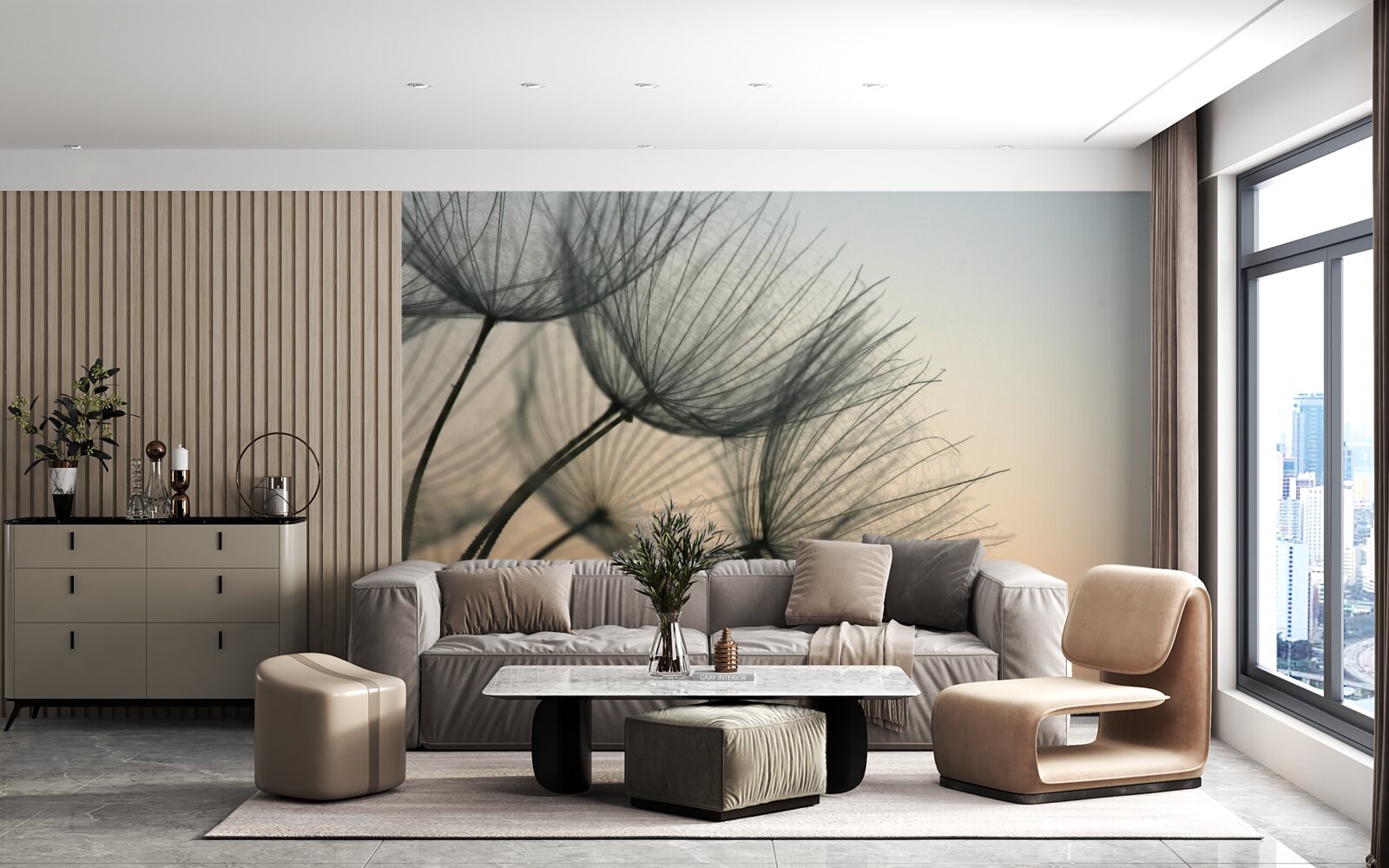 Фотошпалери захід сонця над кульбабами