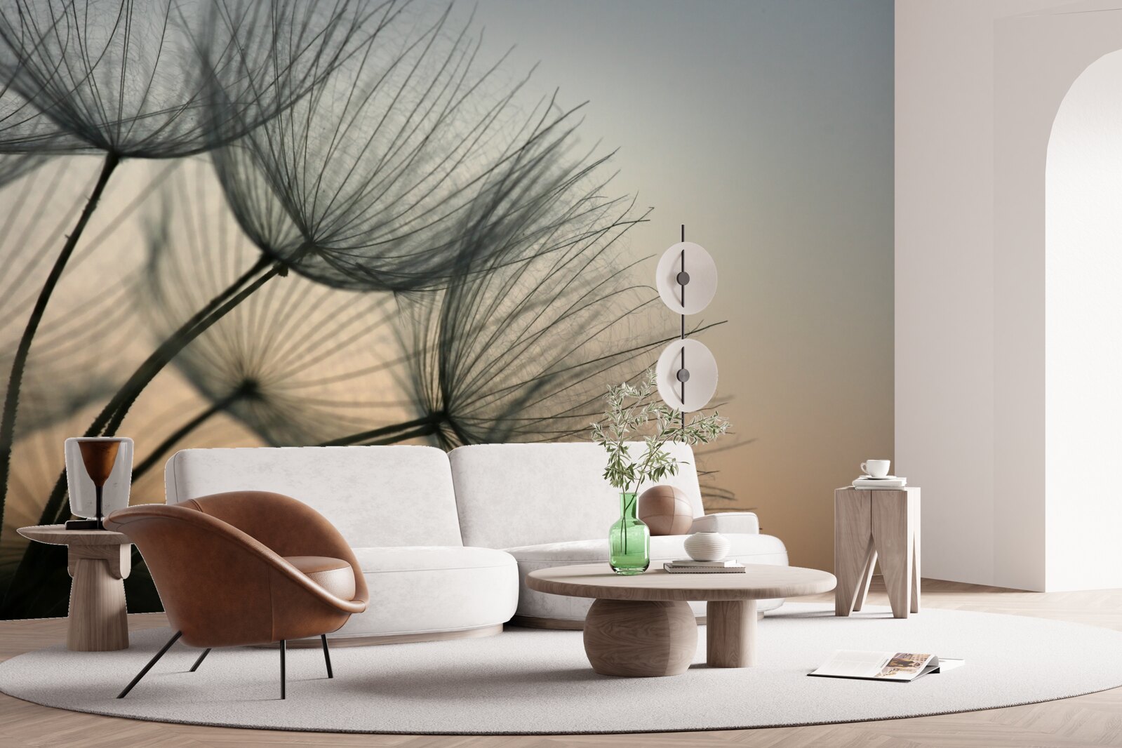 Фотошпалери захід сонця над кульбабами