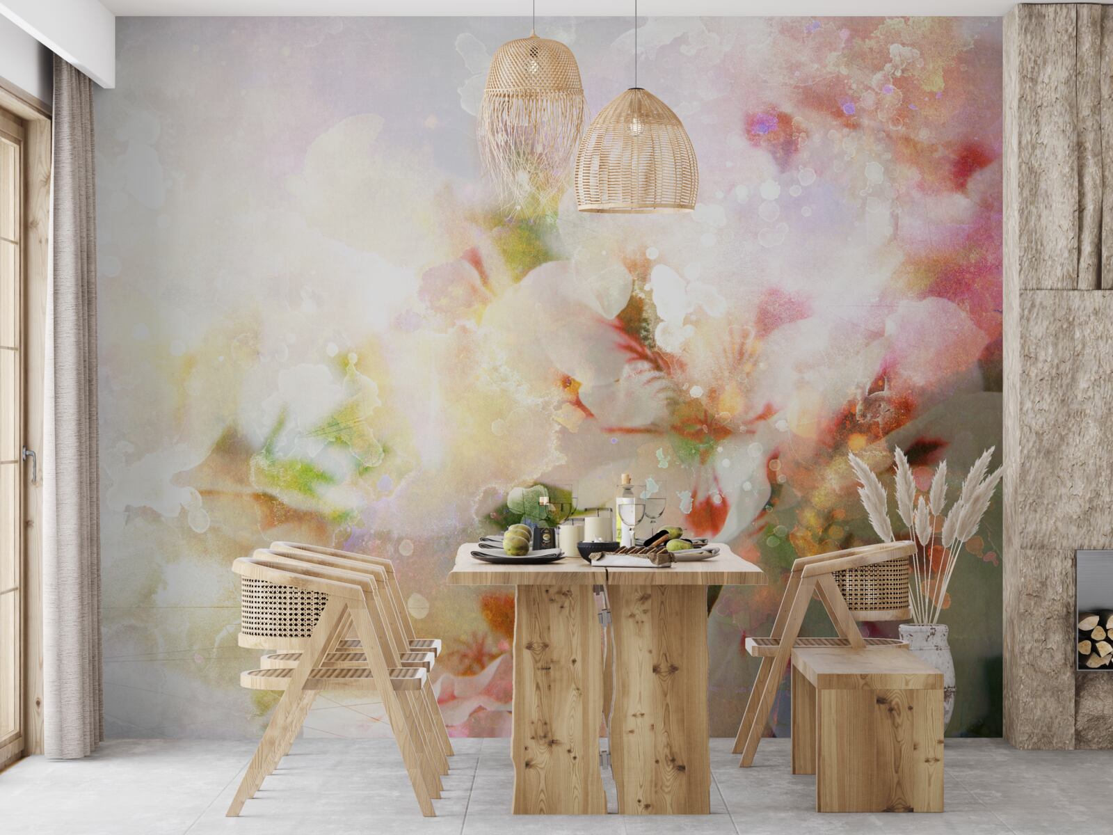 Фотошпалери акварельні квіти у світлій палітрі