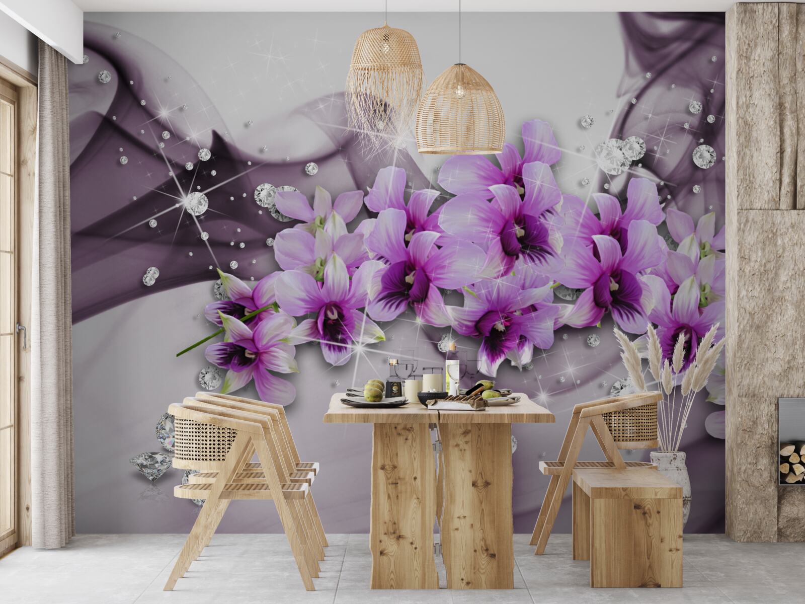 Фотошпалери циркони та фіолетові квіти