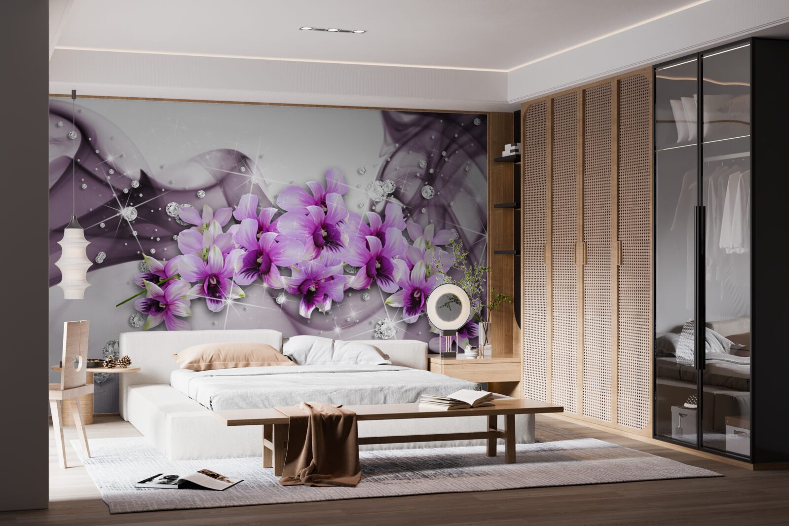 Фотошпалери циркони та фіолетові квіти