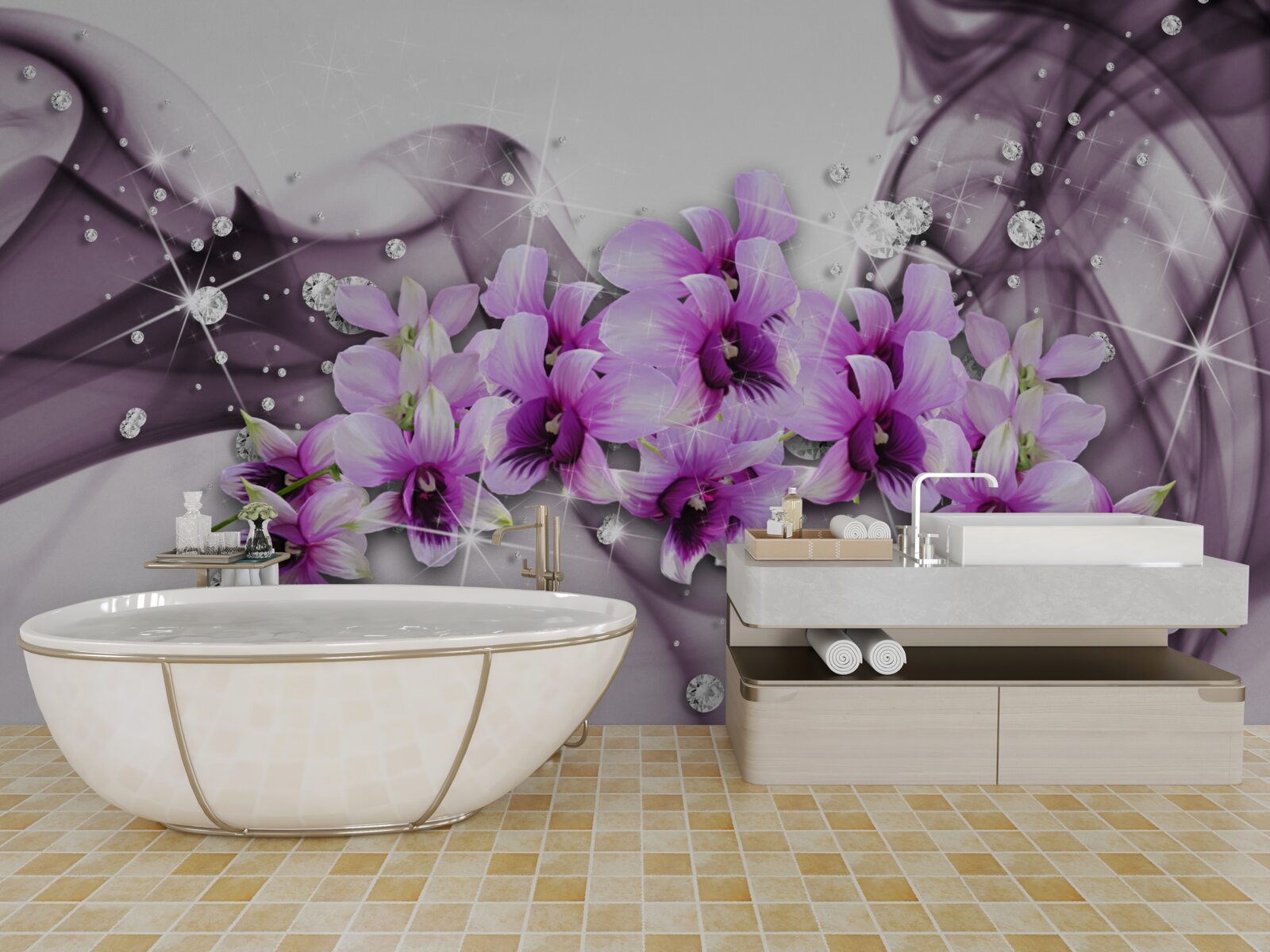 Фотошпалери циркони та фіолетові квіти