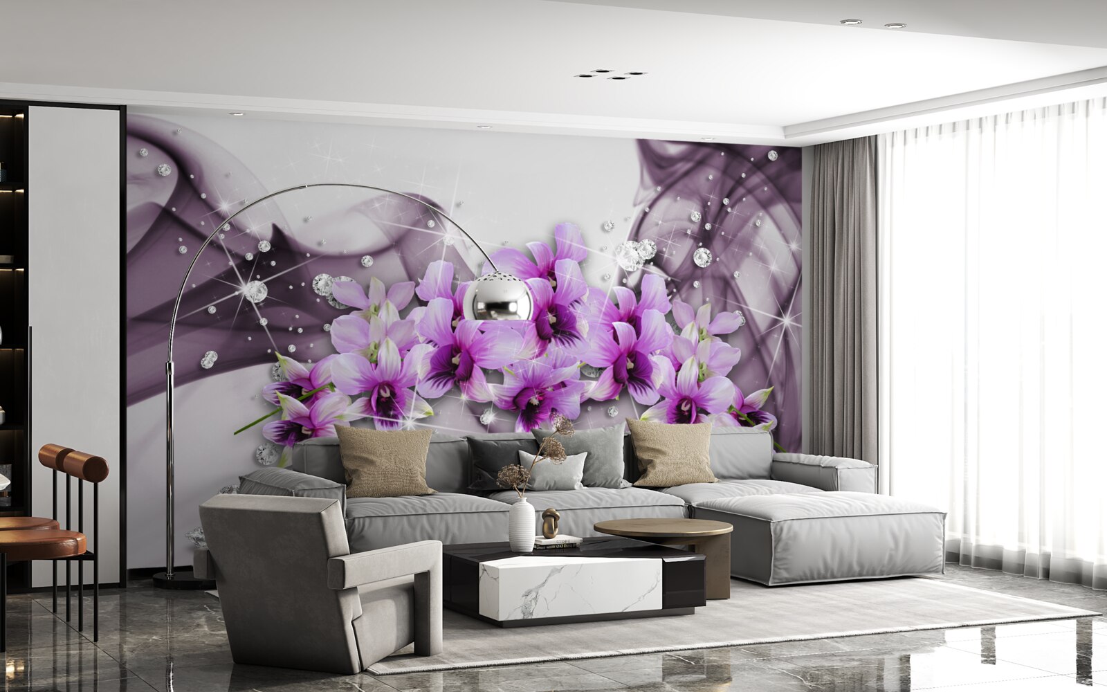 Фотошпалери циркони та фіолетові квіти