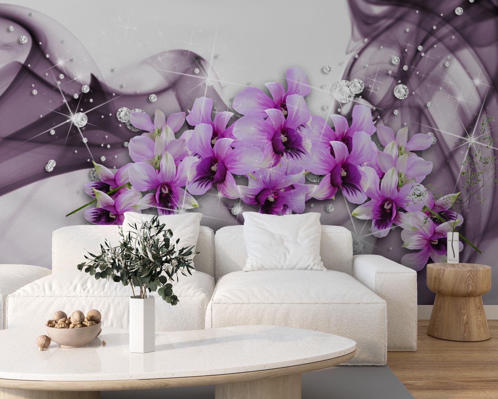 Фотошпалери циркони та фіолетові квіти
