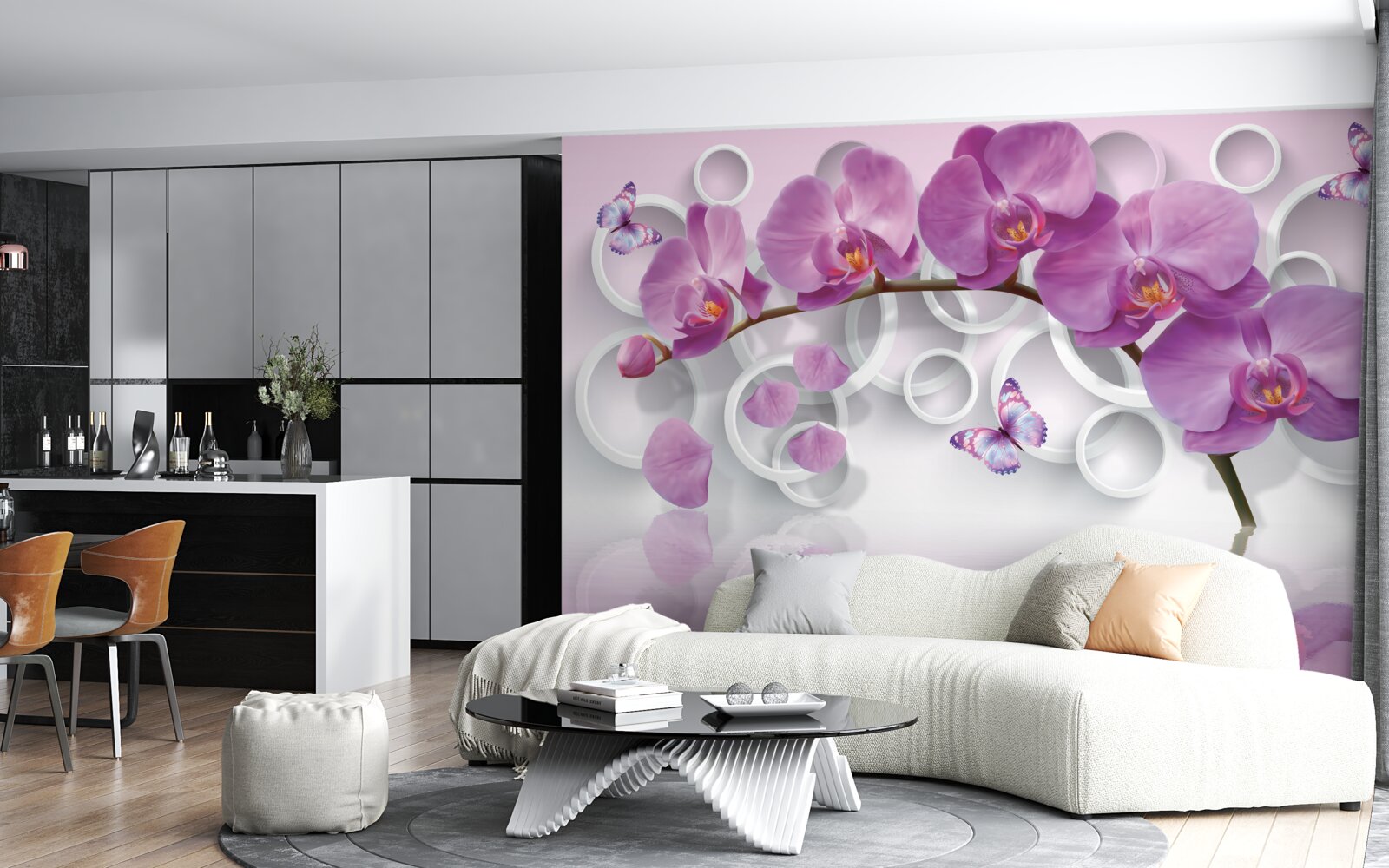 Фотошпалери фіолетові орхідеї на світлому тлі