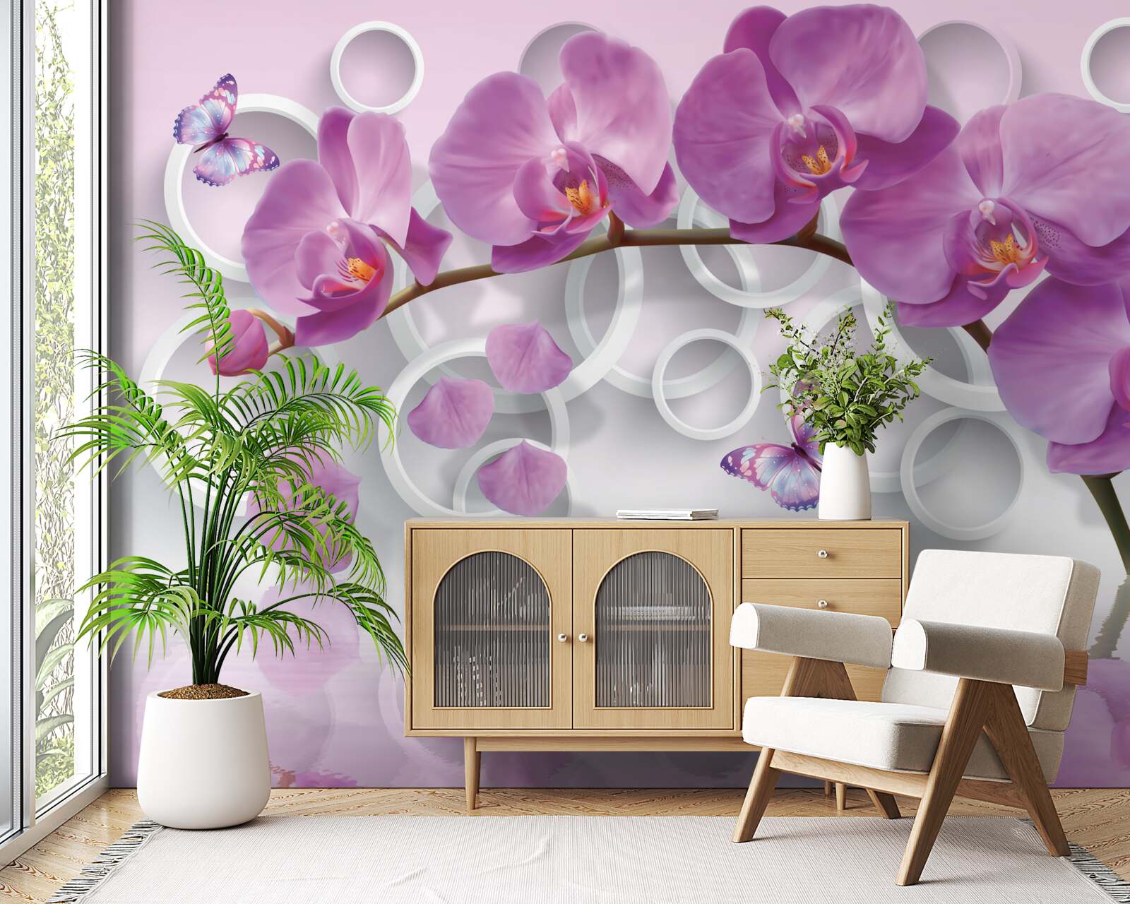Фотошпалери фіолетові орхідеї на світлому тлі