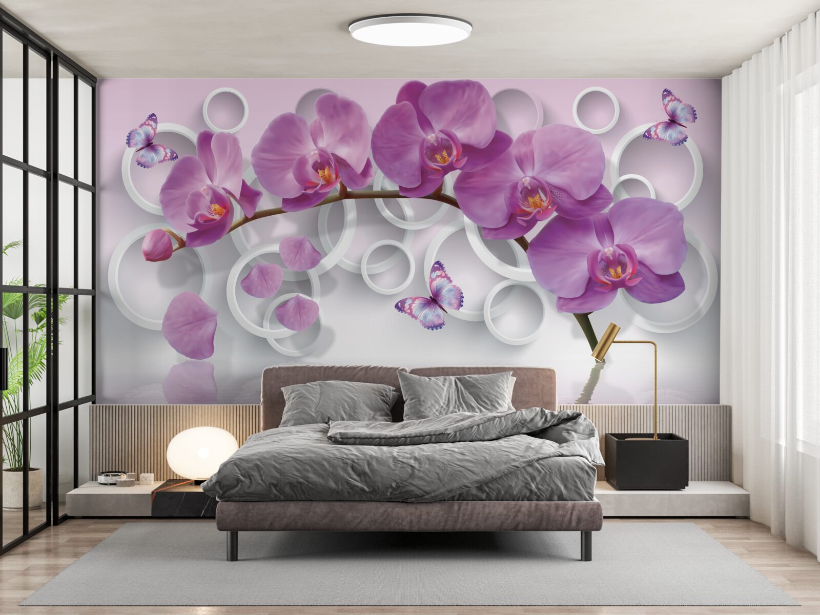 Фотошпалери фіолетові орхідеї на світлому тлі