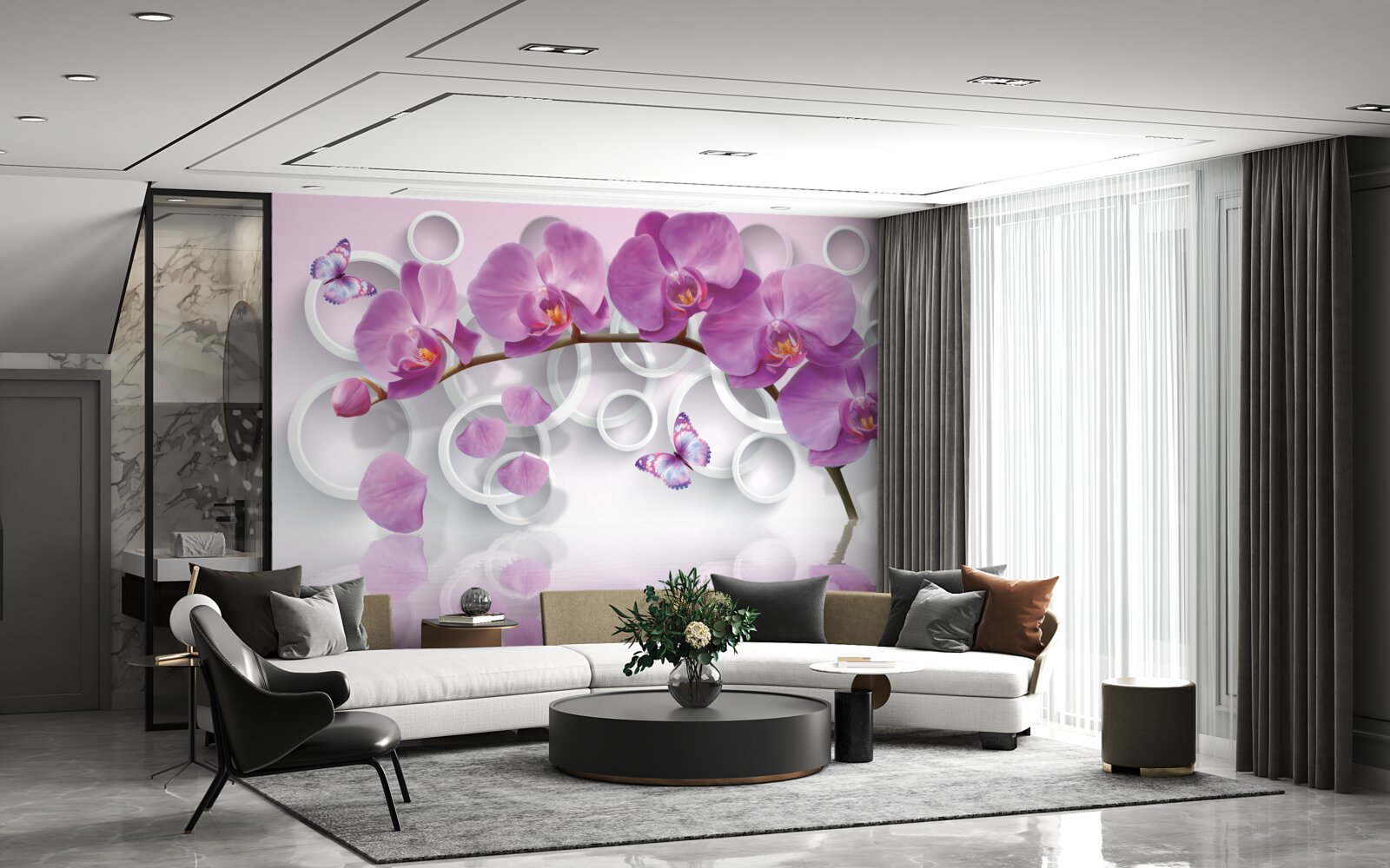 Фотошпалери фіолетові орхідеї на світлому тлі