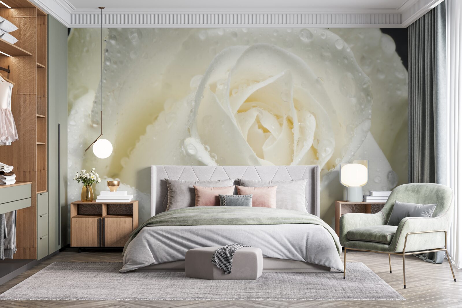 Фотошпалери біла троянда, вкрита ранковою росою