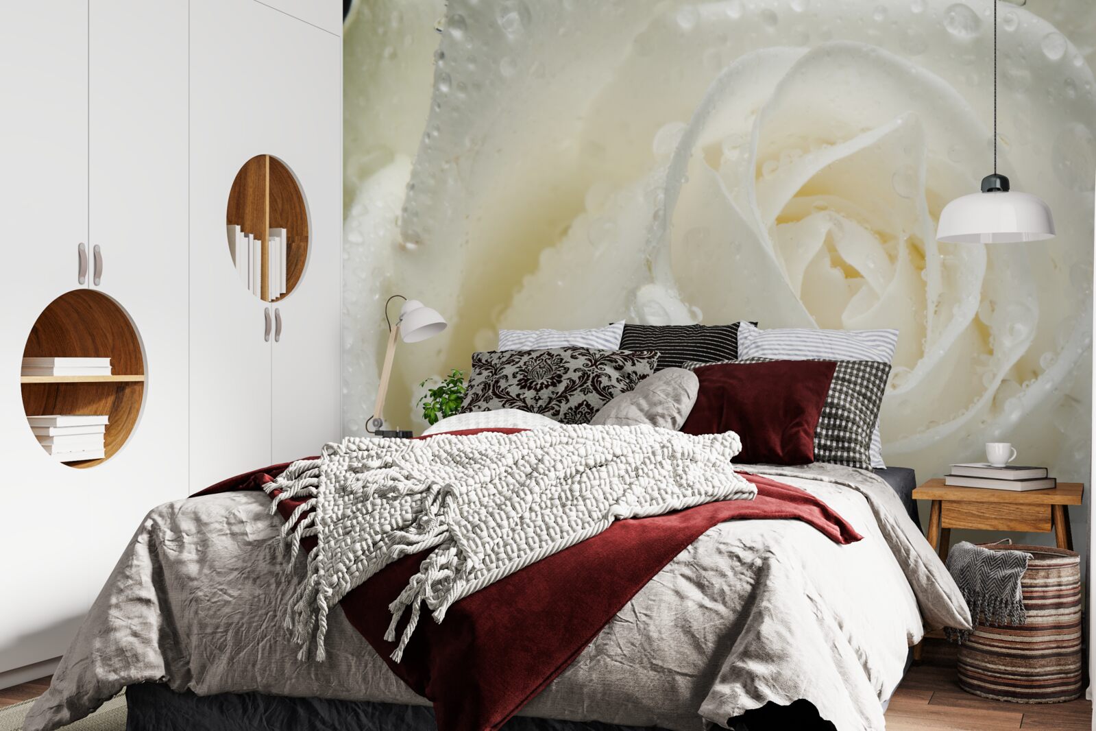 Фотошпалери біла троянда, вкрита ранковою росою