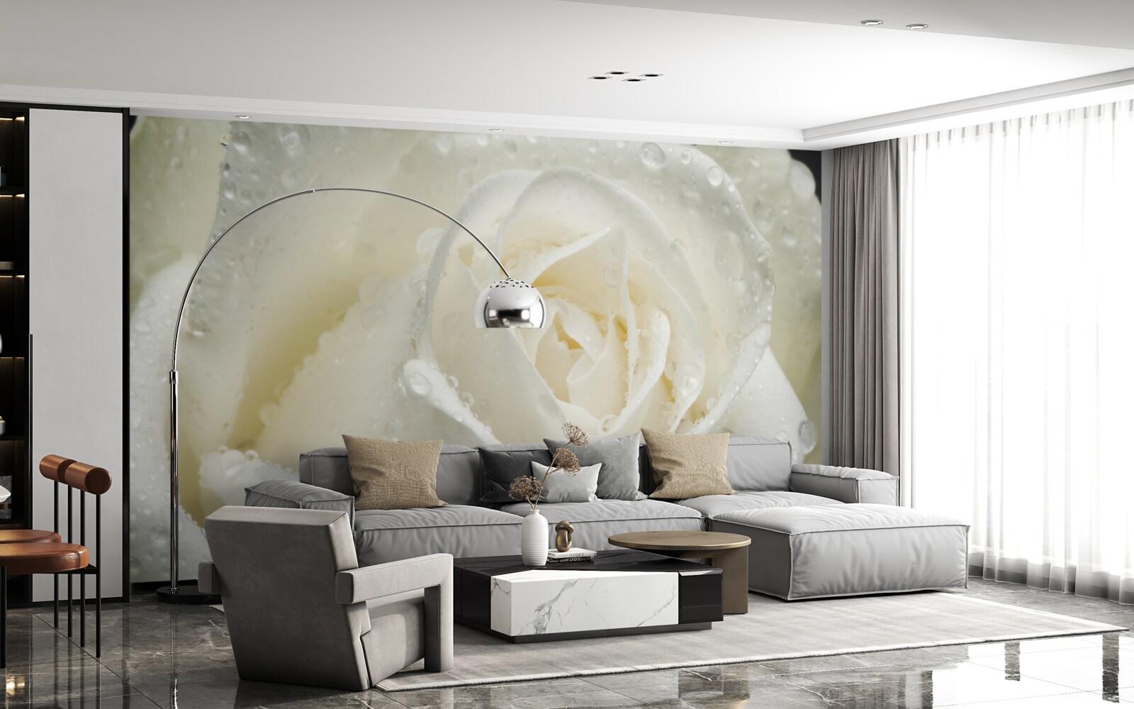 Фотошпалери біла троянда, вкрита ранковою росою