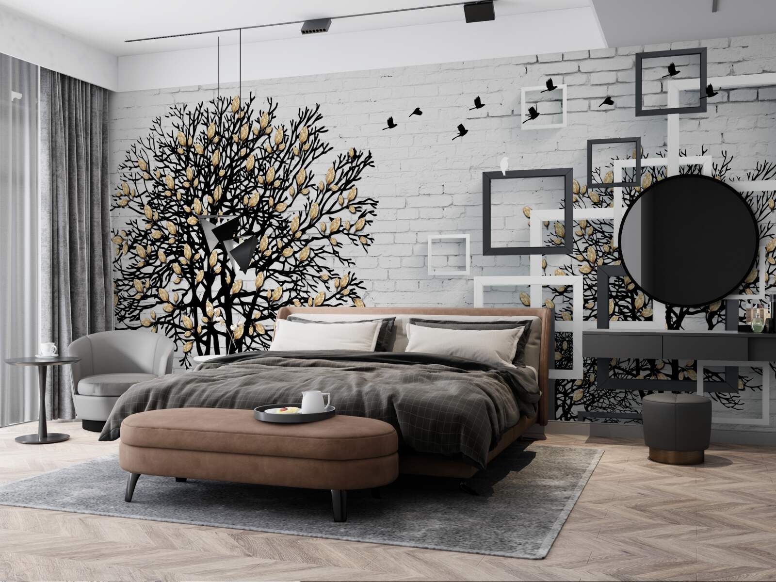 Фотошпалери птахи відлітають від дерева, яке втратило листя