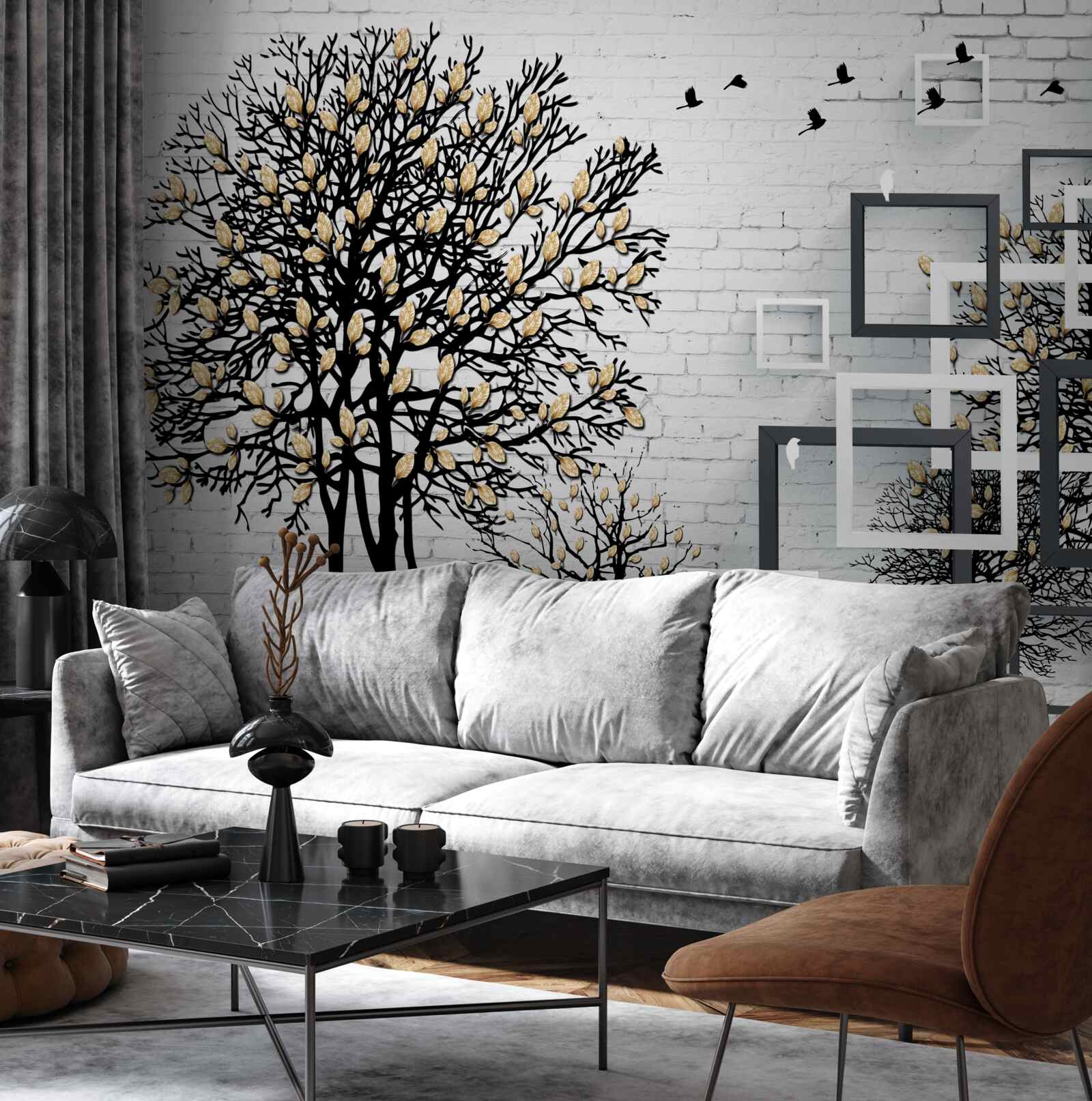 Фотошпалери птахи відлітають від дерева, яке втратило листя