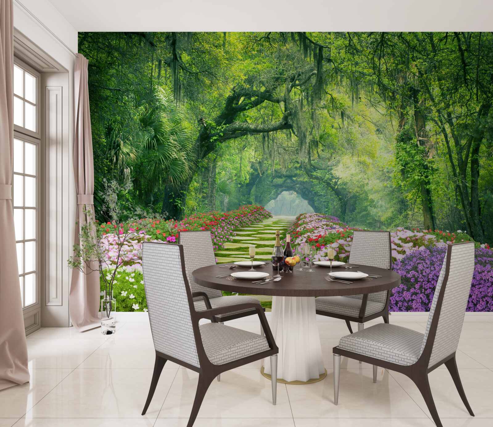 Фотошпалери Доріжка, оточена квітами, що веде до зеленої гущавини лісу