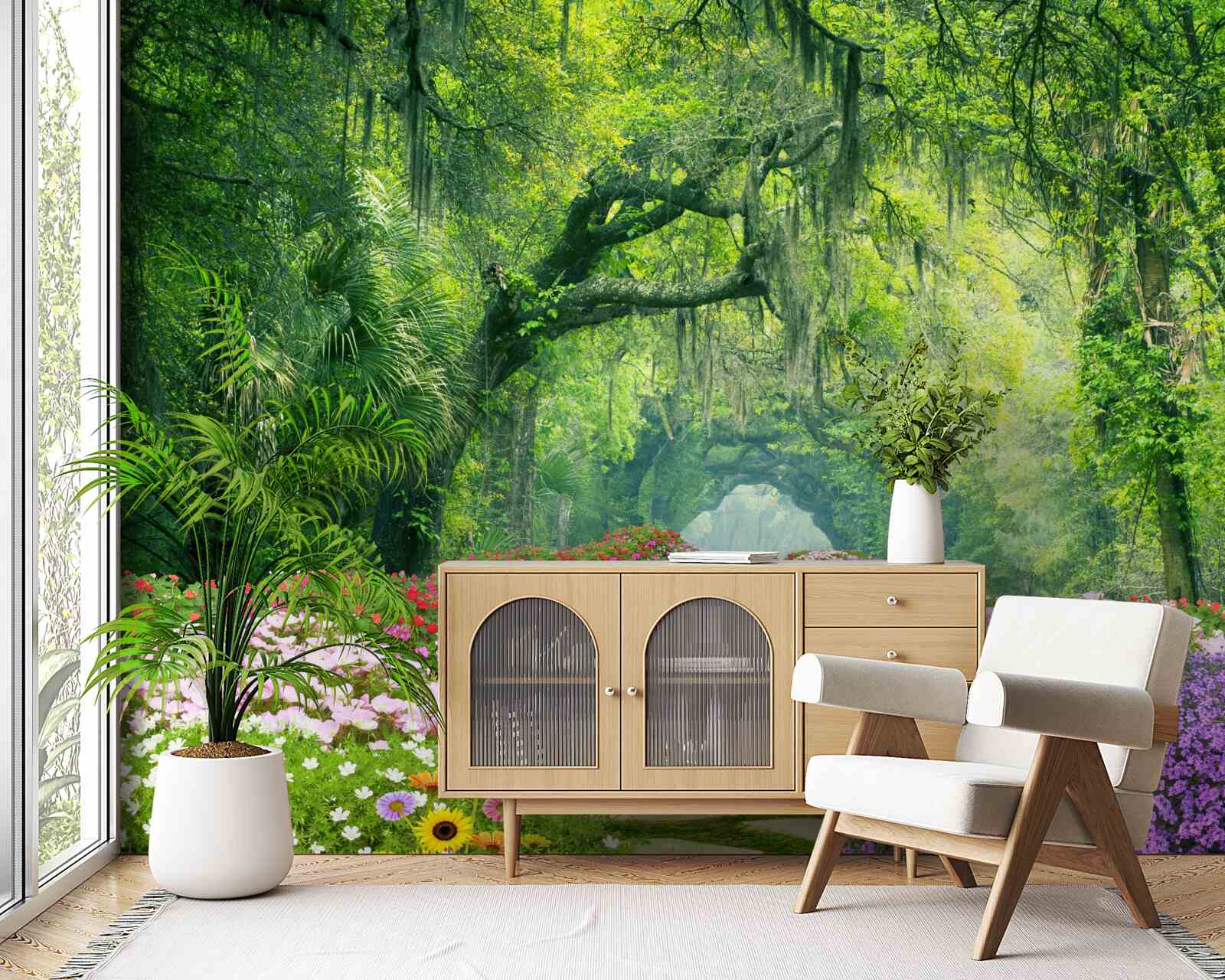 Фотошпалери Доріжка, оточена квітами, що веде до зеленої гущавини лісу