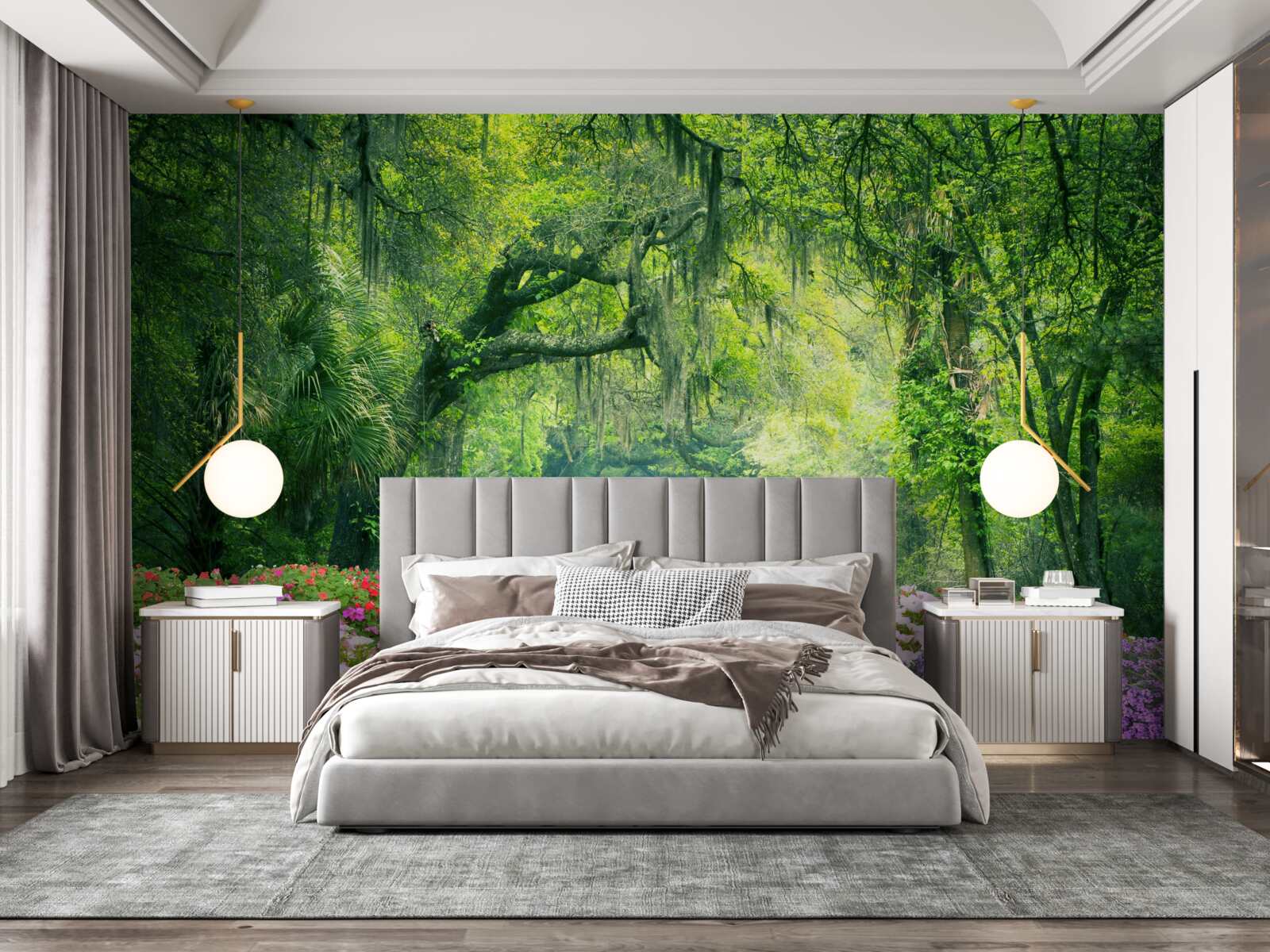 Фотошпалери Доріжка, оточена квітами, що веде до зеленої гущавини лісу