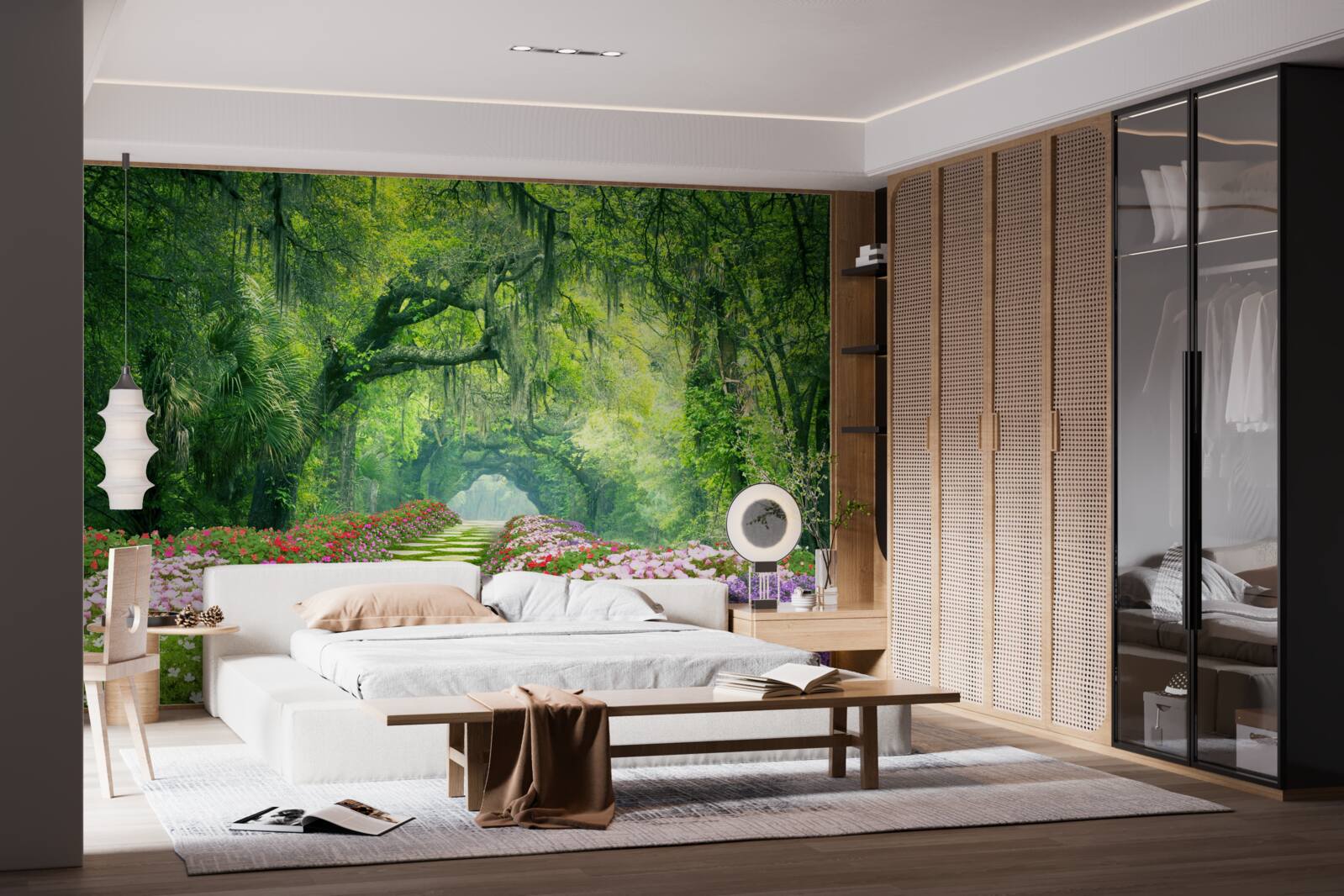 Фотошпалери Доріжка, оточена квітами, що веде до зеленої гущавини лісу