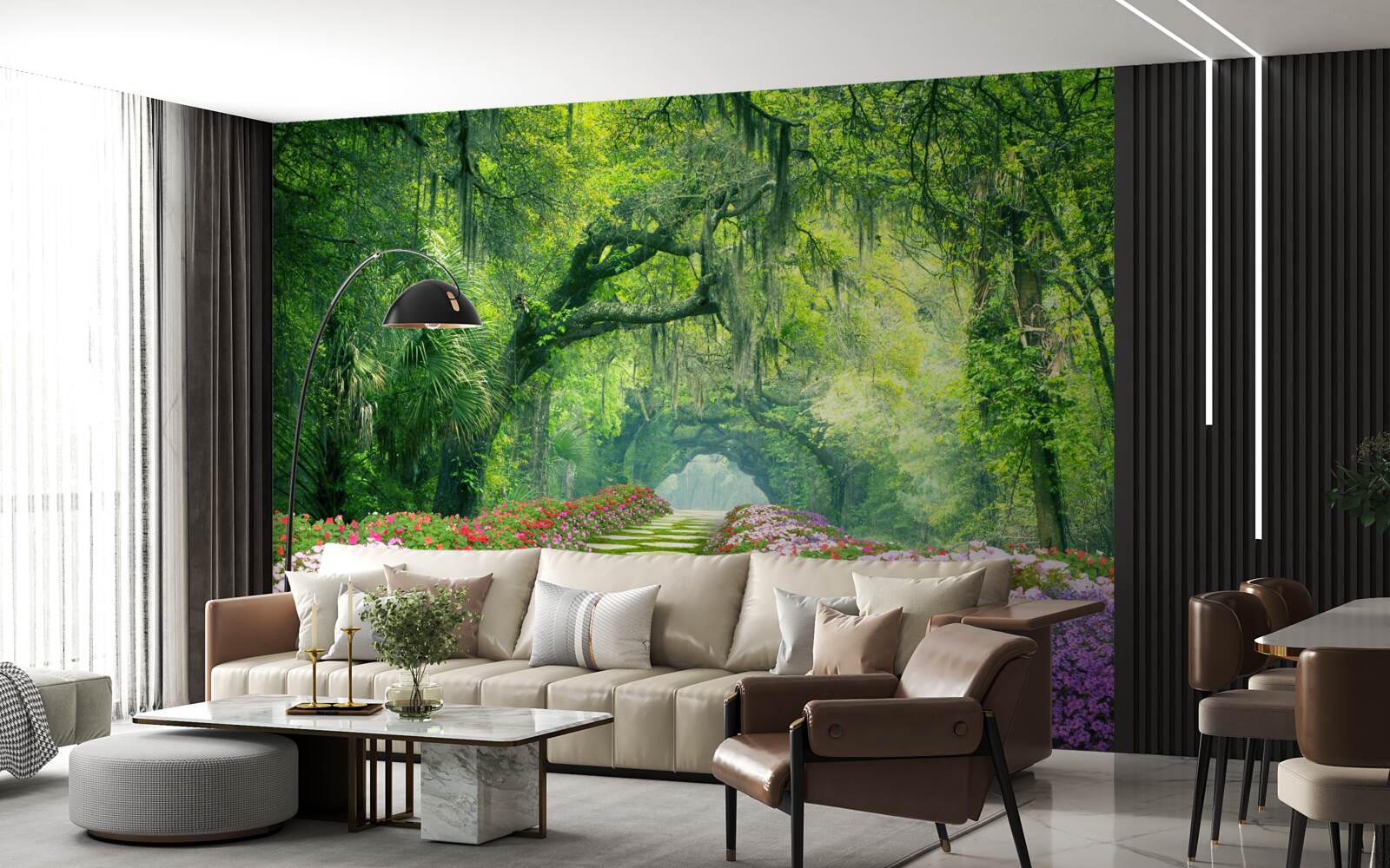 Фотошпалери Доріжка, оточена квітами, що веде до зеленої гущавини лісу